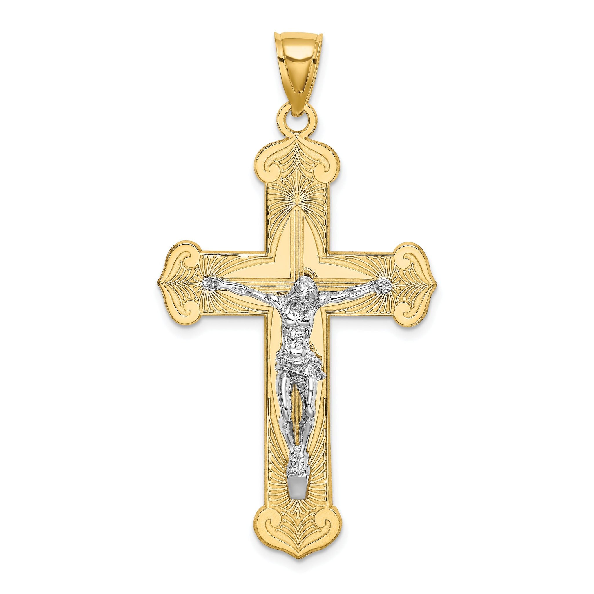 14K Two-tone Engraved Crucifix Charm