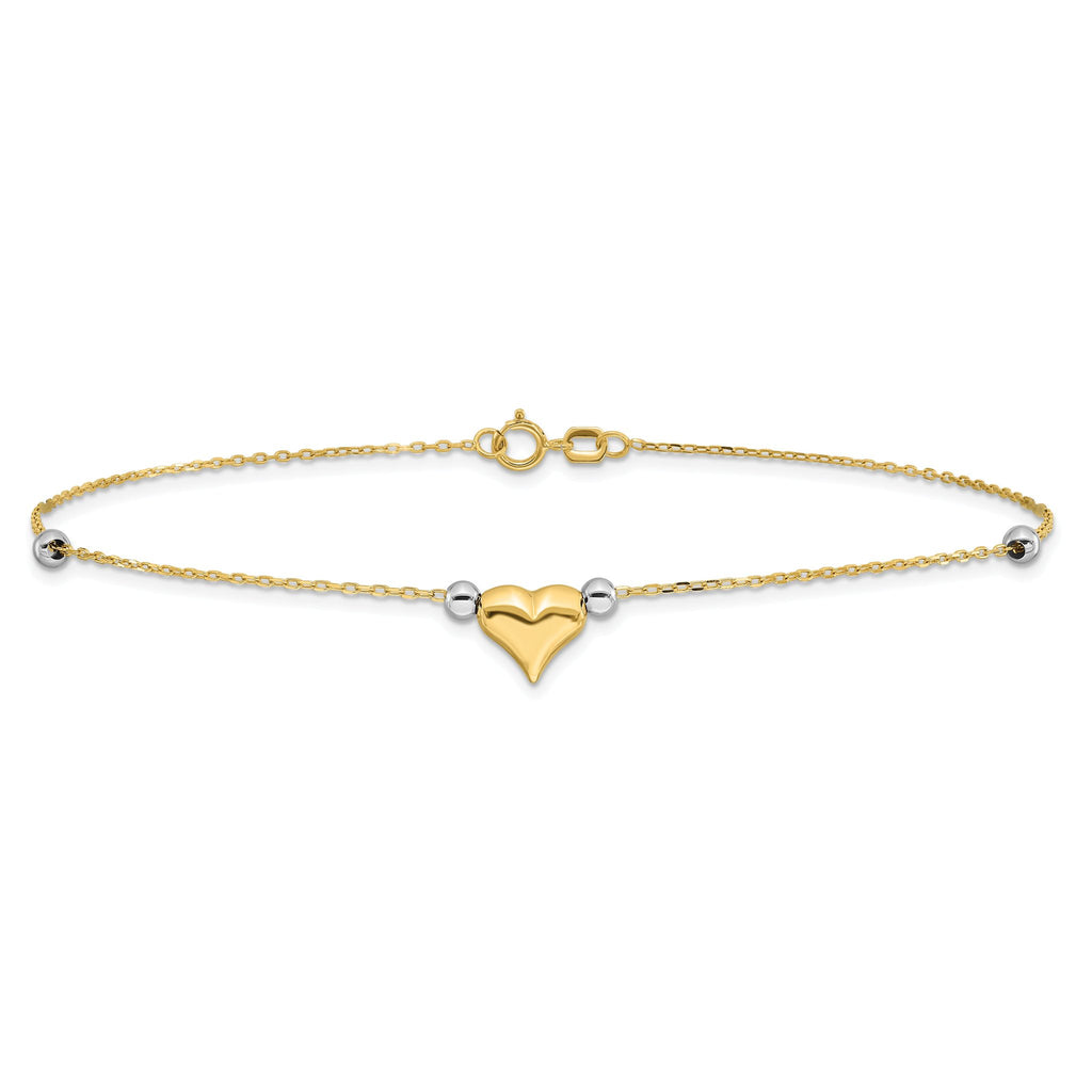 14k Two-Tone Polished Puffed Heart with Beads 10in Anklet