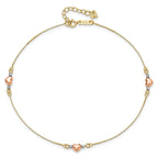 14k Tri-Color Puffed Hearts and Beads 9 inch Plus 1 inch Extender - Total 10 inch Anklet