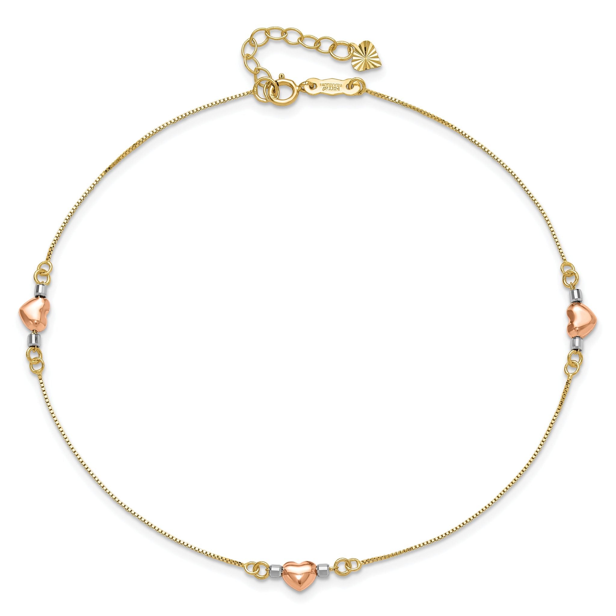 14k Tri-Color Puffed Hearts and Beads 9 inch Plus 1 inch Extender - Total 10 inch Anklet