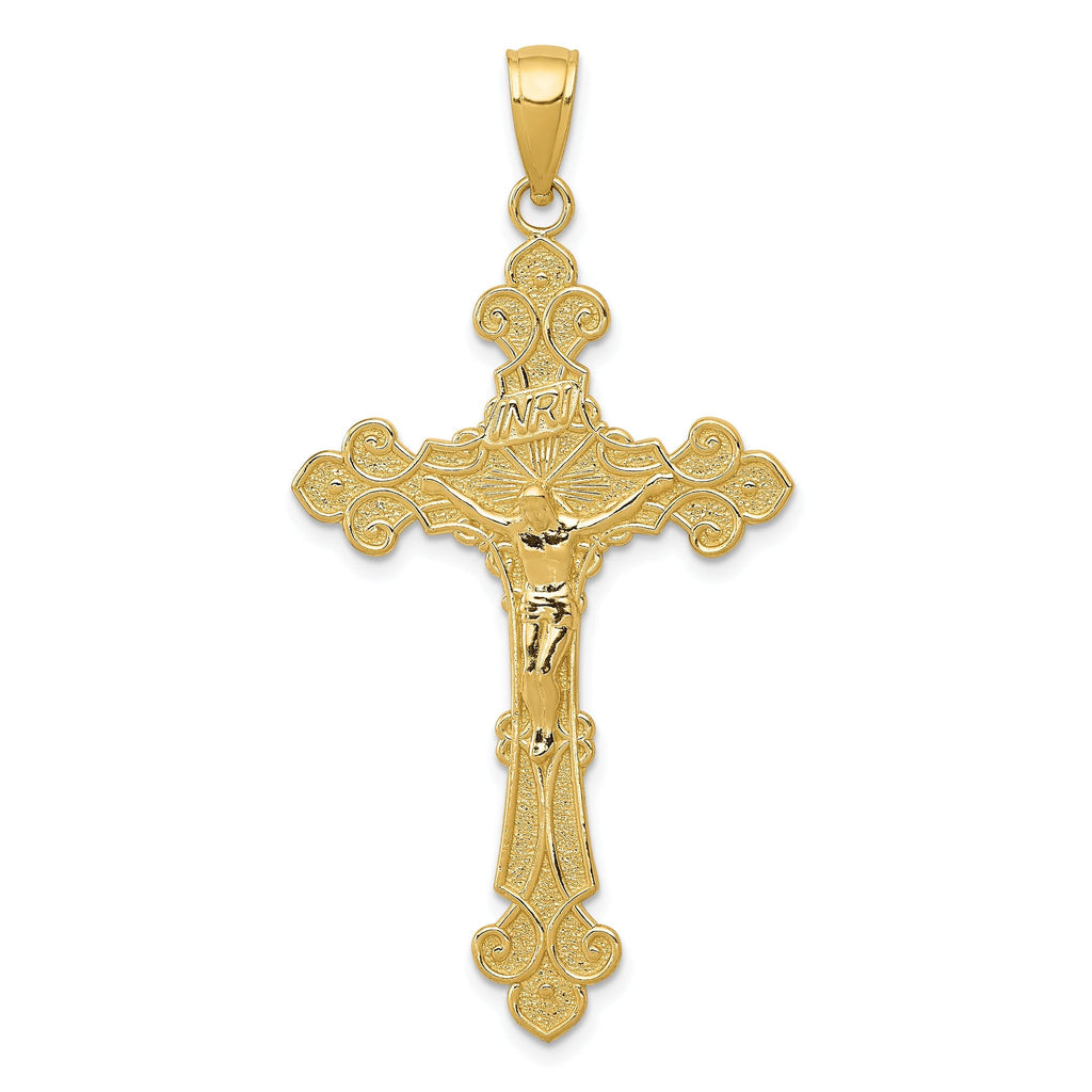 14K Gold INRI Crucifix Fleur de Lis Pendant with Polished Textured Finish 45mm