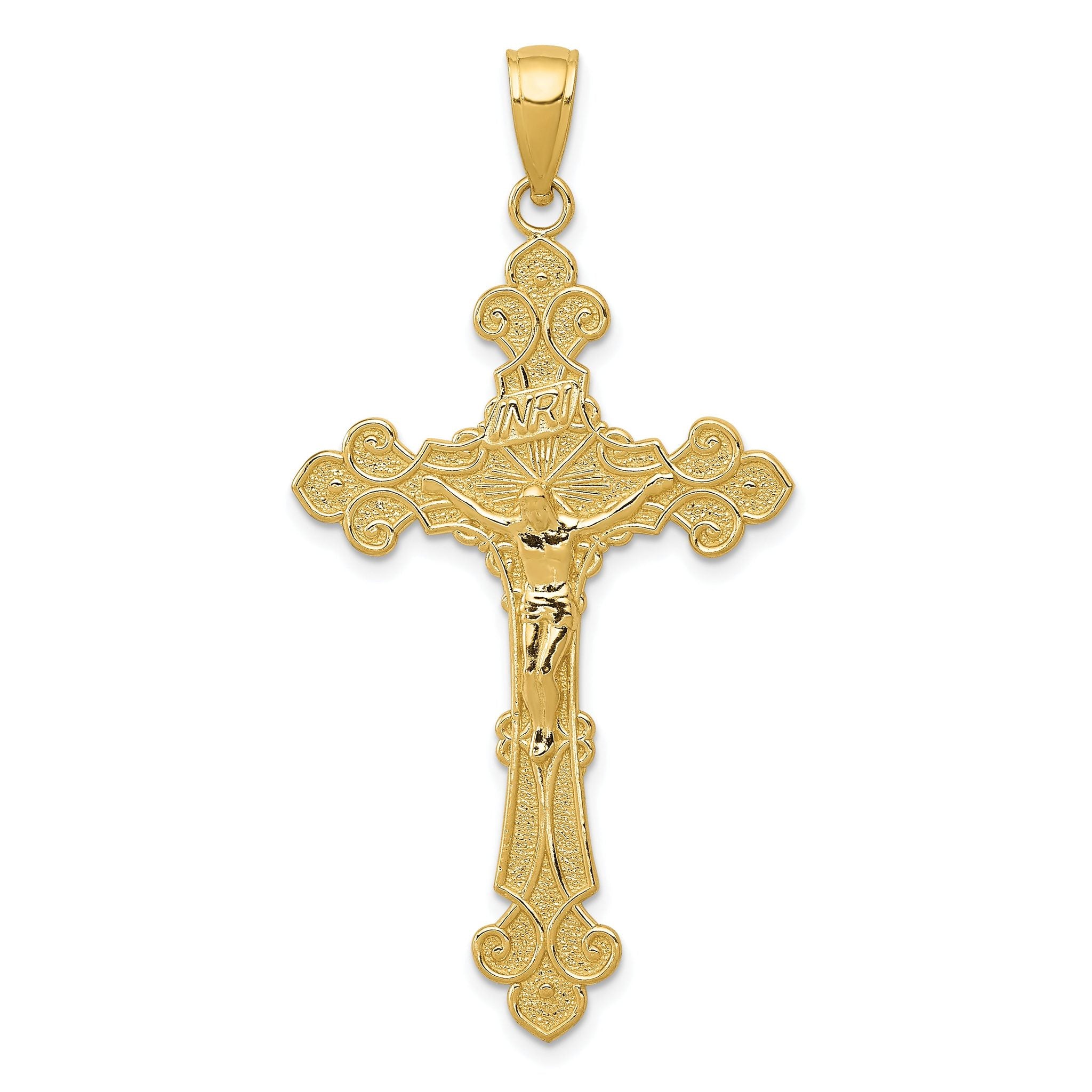 14K Gold INRI Crucifix Fleur de Lis Pendant with Polished Textured Finish 45mm