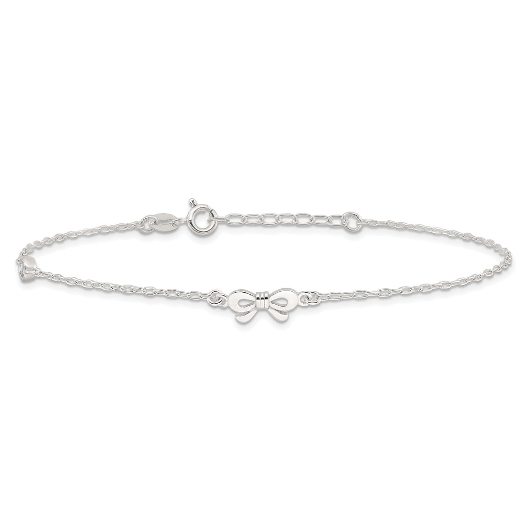 Sterling Silver CZ and Bow 9 inch Plus 1 inch Extender - Total 10 inch Anklet