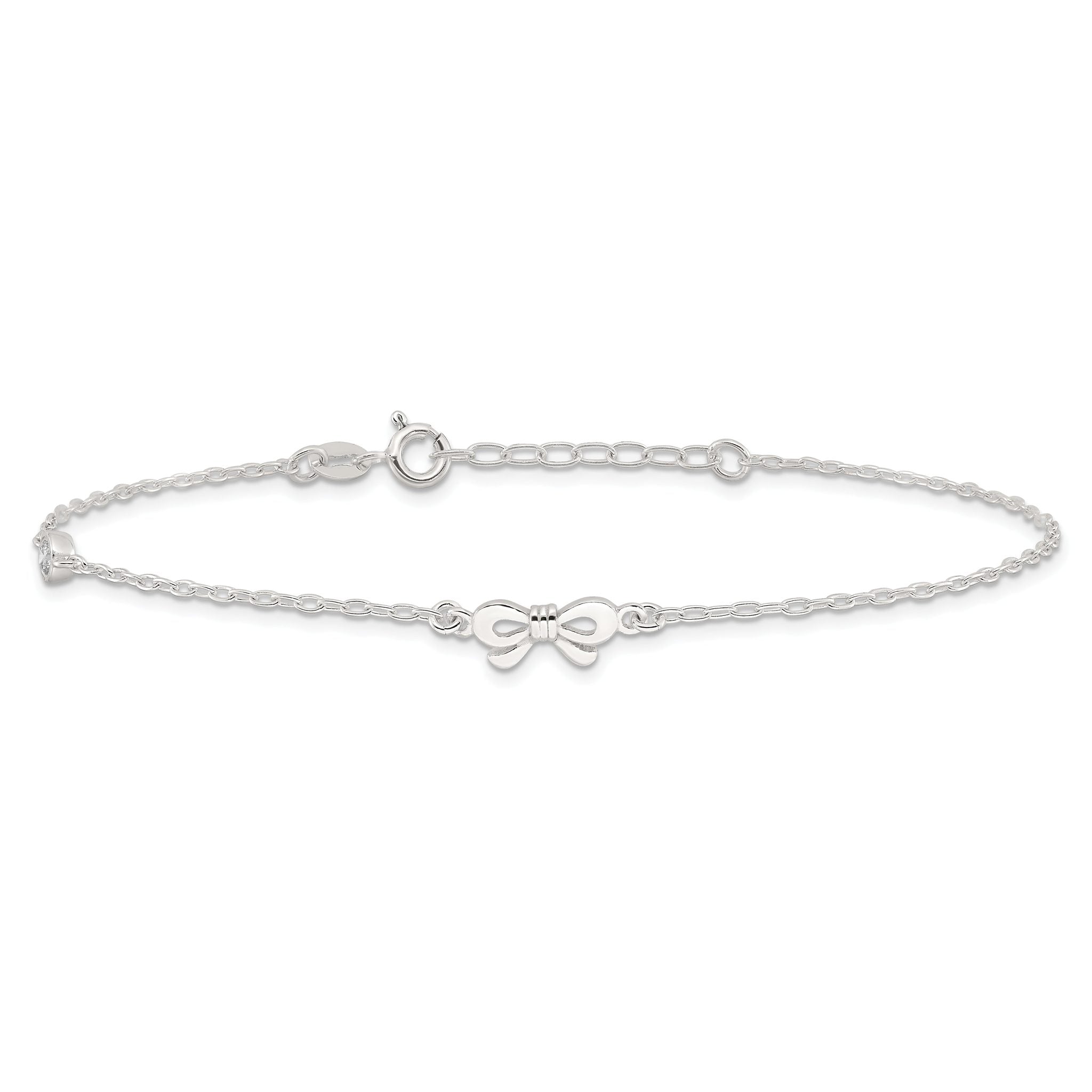 Sterling Silver CZ and Bow 9 inch Plus 1 inch Extender - Total 10 inch Anklet