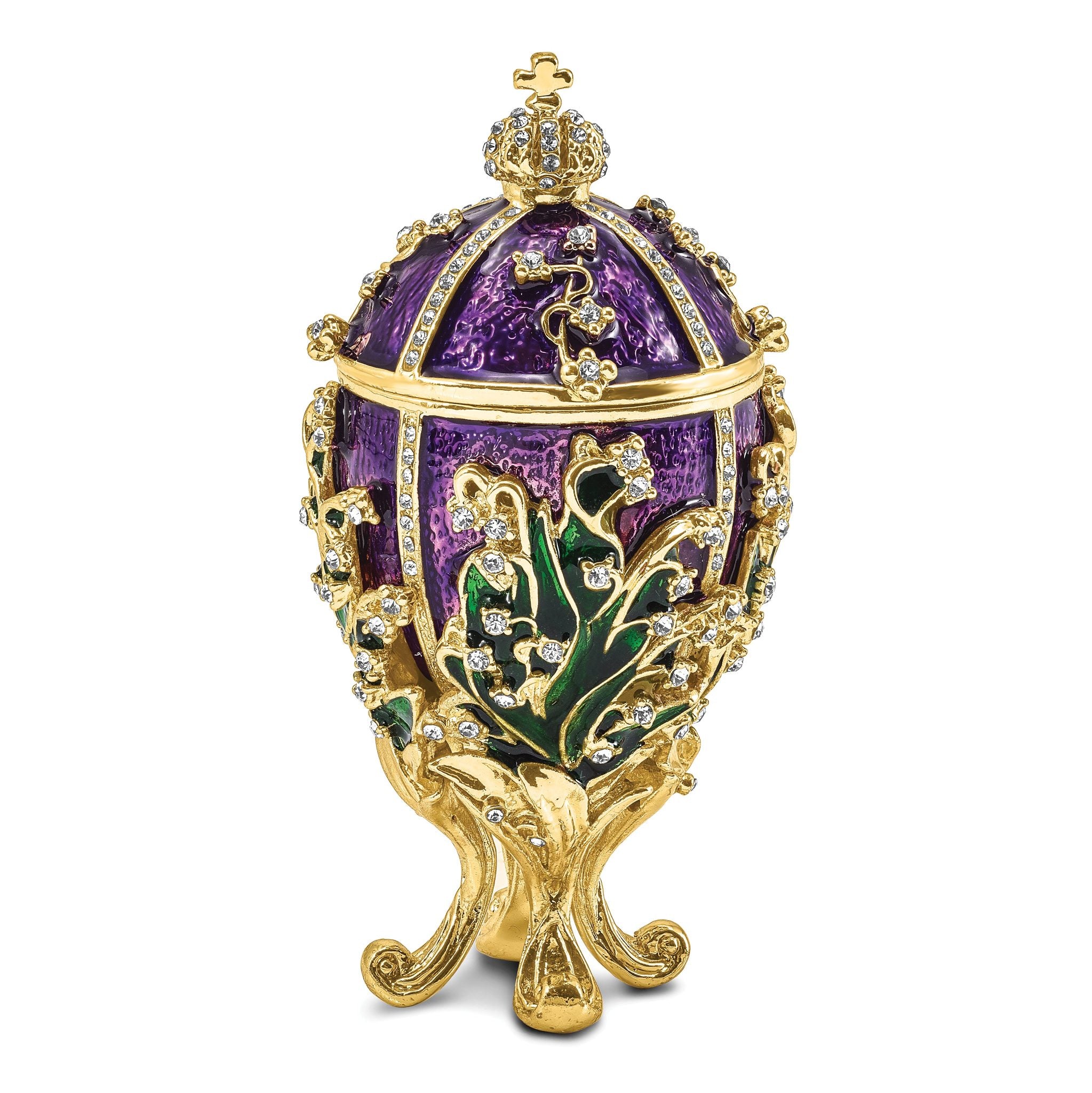 Luxury Giftware by Jere Pewter Bejeweled Crystals Gold-tone Enameled LILY OF THE VALLEY Purple Egg With Ring Pad Trinket Box with Matching 18 Inch Necklace Main image