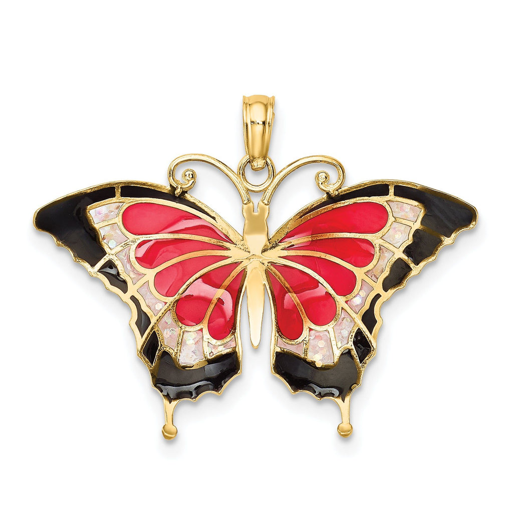 14K Gold Enameled Butterfly Pendant with Multi-Colored Accents Polished Finish