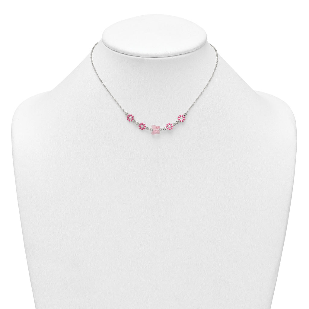 Sterling Silver Polished Pink Enameled Flowers and Pink Glass Butterfly Childrens 14 inch Necklace