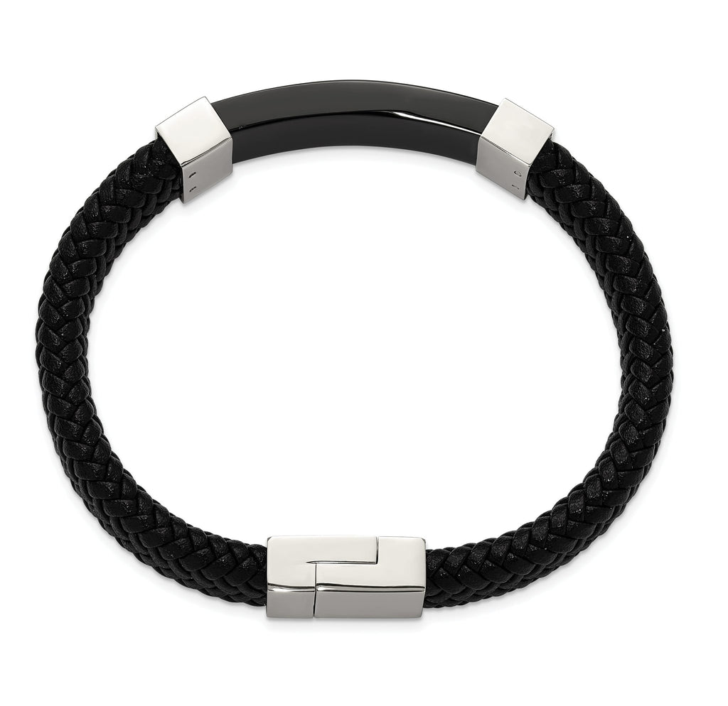 Stainless Steel Polished Black IP-plated Black Braided Leather Bracelet for Men