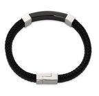 Stainless Steel Polished Black IP-plated Black Braided Leather Bracelet for Men