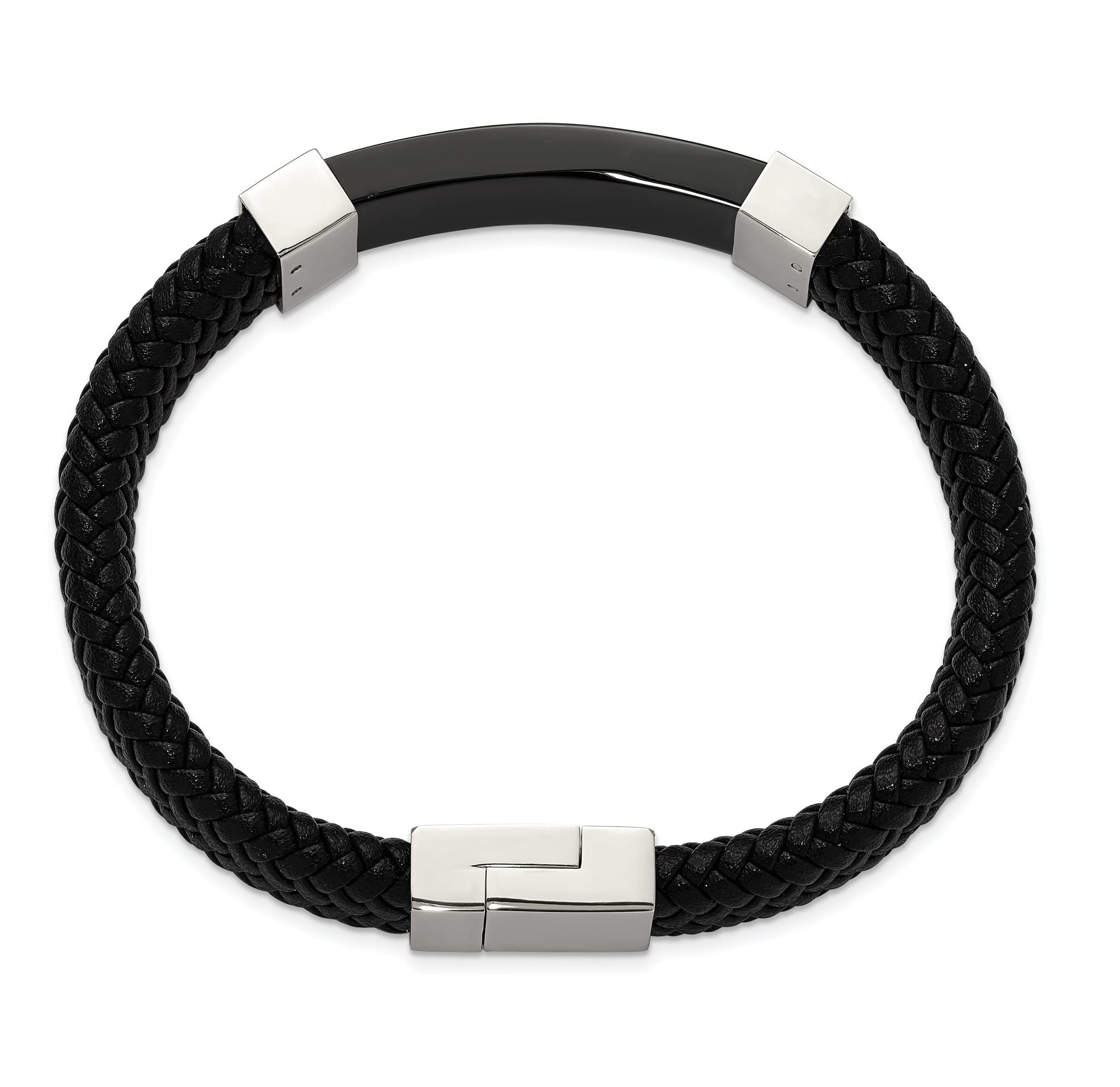 Stainless Steel Polished Black IP-plated Black Braided Leather Bracelet for Men