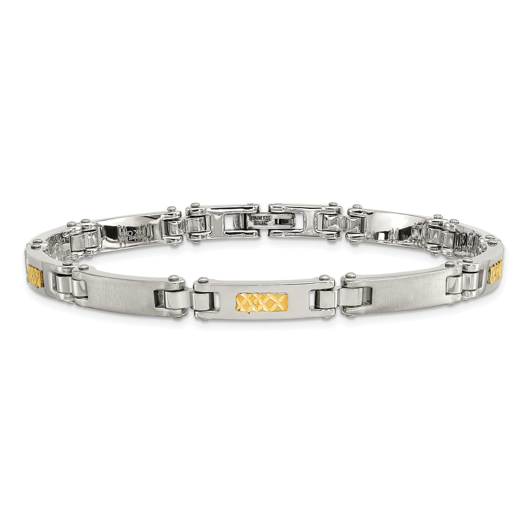 Stainless Steel with 14k Gold Accent Brushed and Polished Link Bracelet for Men
