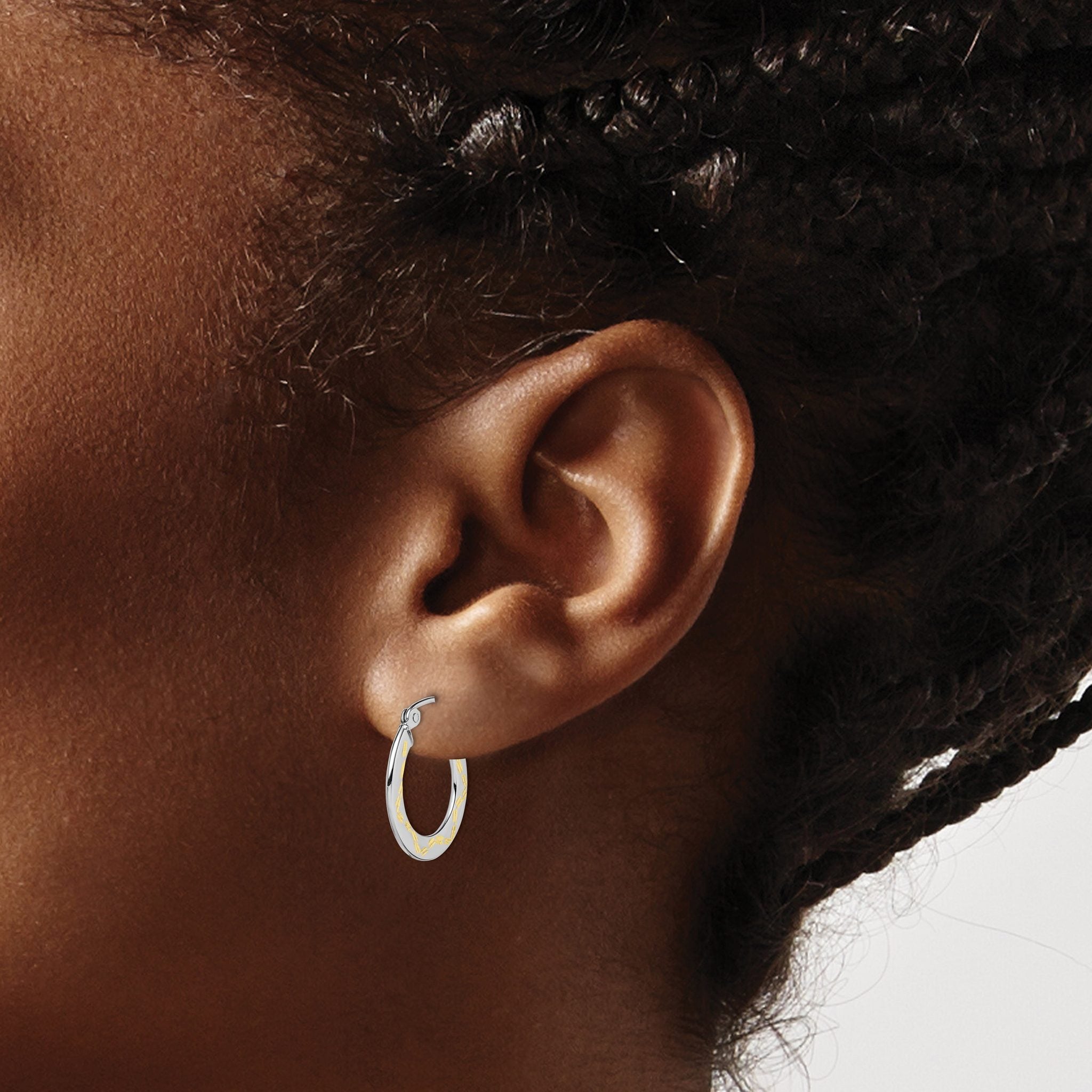 10K White Gold & Yellow Rhodium Diamond Cut Hoop Earrings