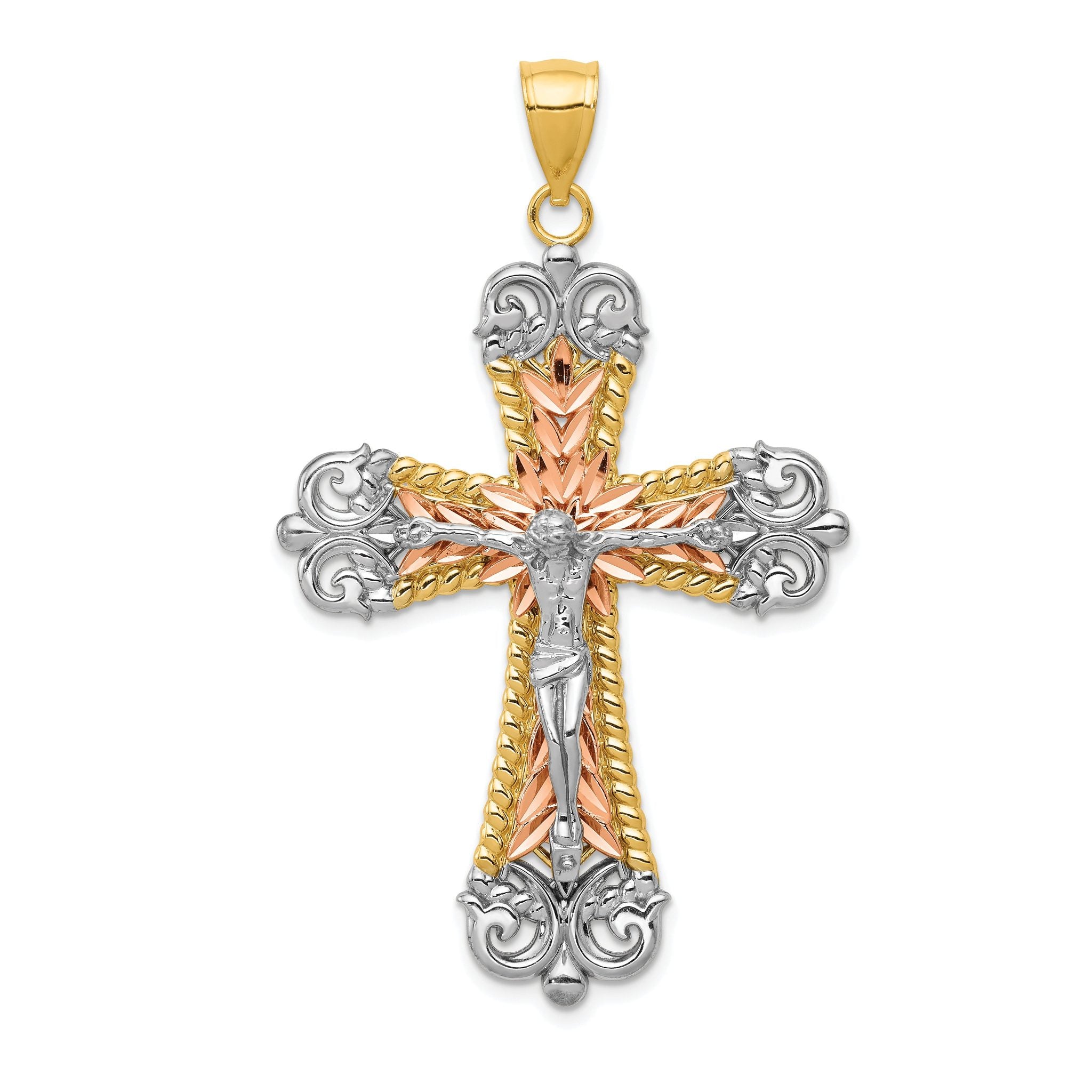 14K Tri-Color Gold Crucifix Pendant with Solid Casted Design 55mm