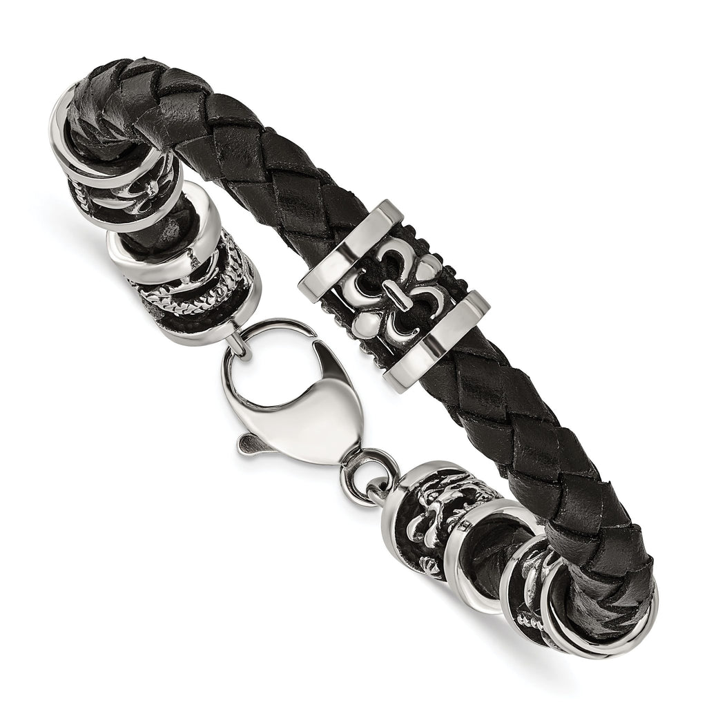 Stainless Steel Antiqued and Polished Fleur de Lis and Dragon Black Braided Leather Bracelet for Men