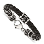 Stainless Steel Antiqued and Polished Fleur de Lis and Dragon Black Braided Leather Bracelet for Men