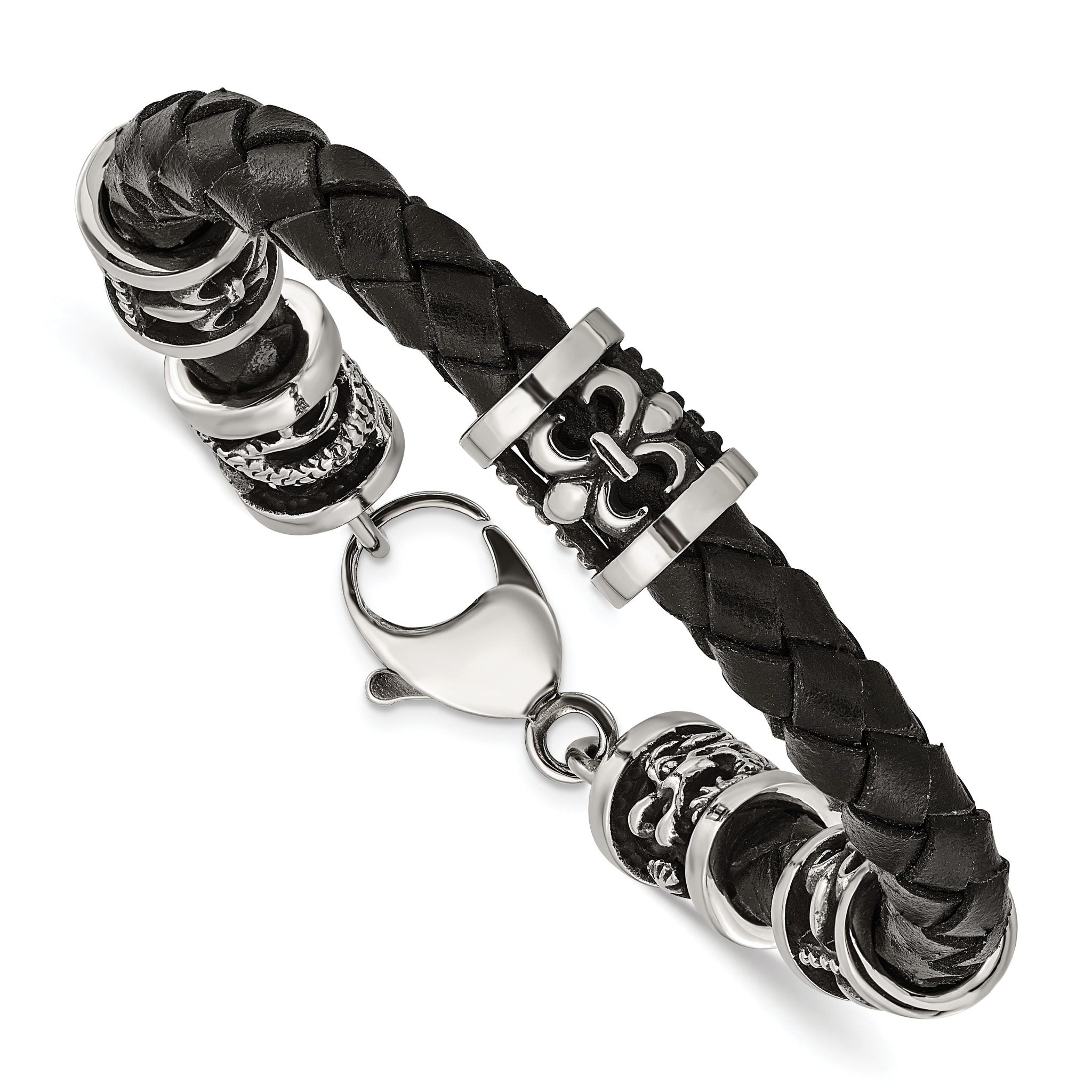 Stainless Steel Antiqued and Polished Fleur de Lis and Dragon Black Braided Leather Bracelet for Men