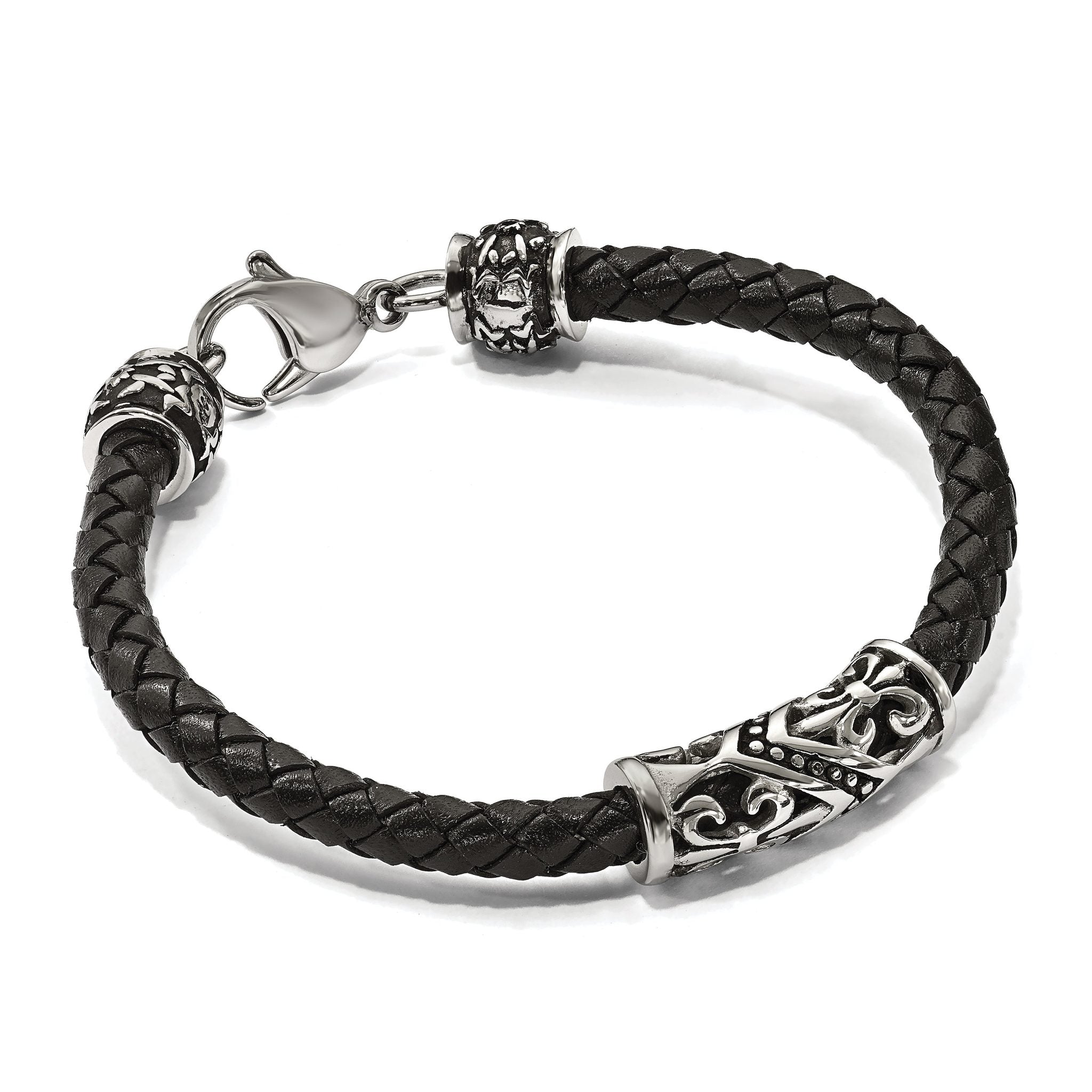 Stainless Steel Antiqued Polished and Textured Fleur de Lis Black Braided Leather Bracelet for Men