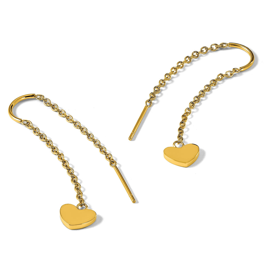 Stainless Steel Gold-Tone Polished Heart Threader Earrings for Women