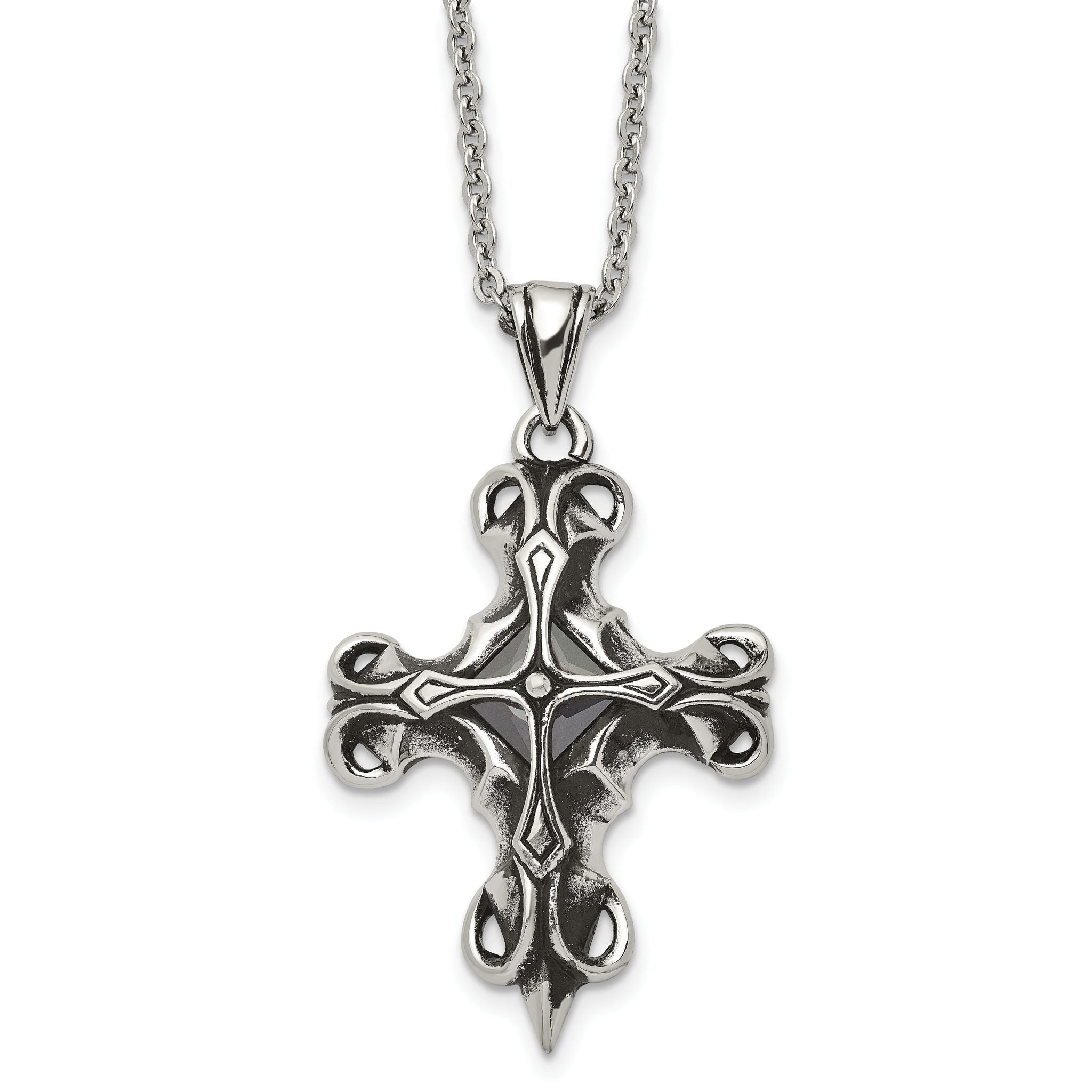 Stainless Steel Antiqued and Polished w/Black Glass Cross 22in Necklace Main image