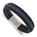 Stainless Steel Polished Black and Blue Braided Leather Bracelet for Men
