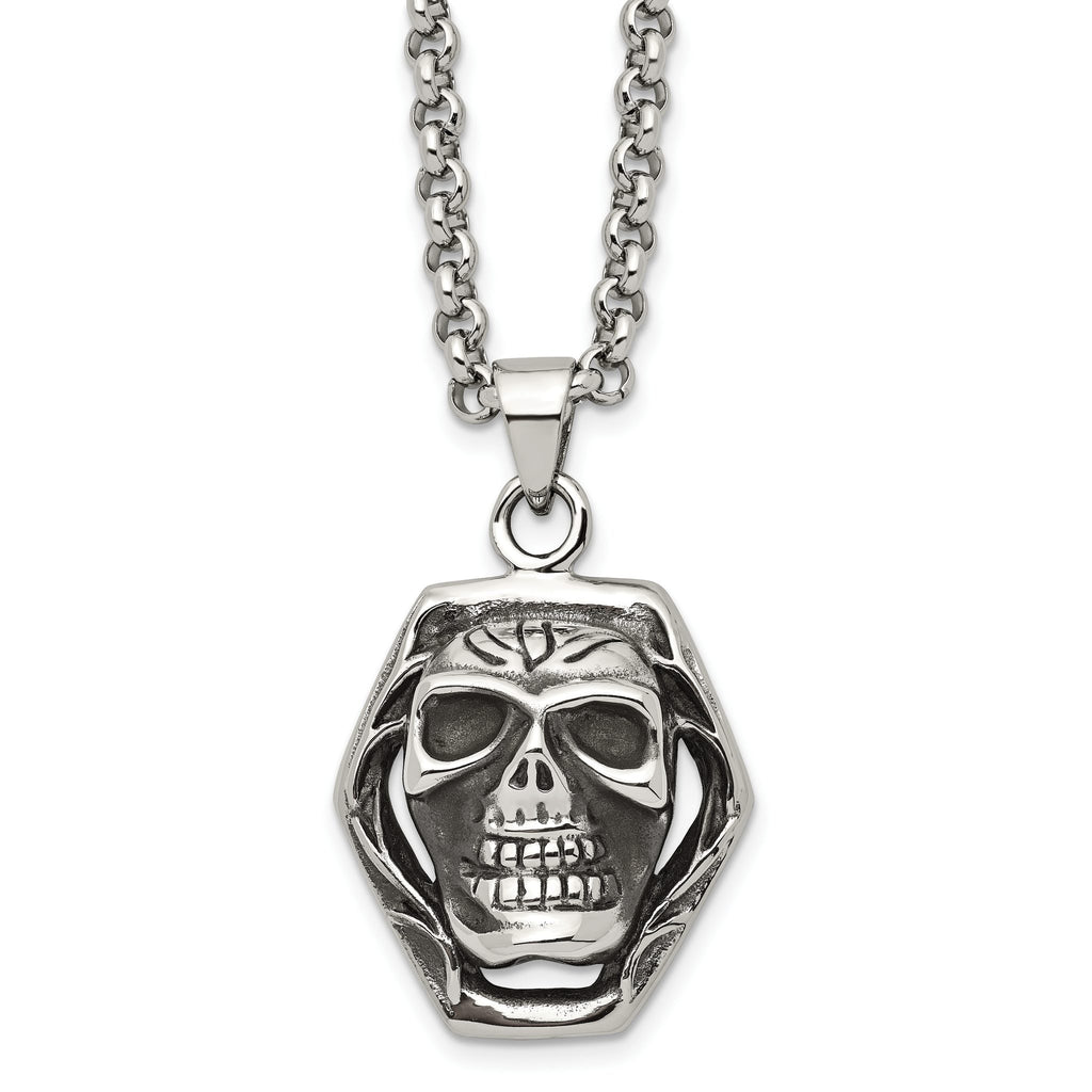 Antiqued Skull Pendant Necklace in Stainless Steel