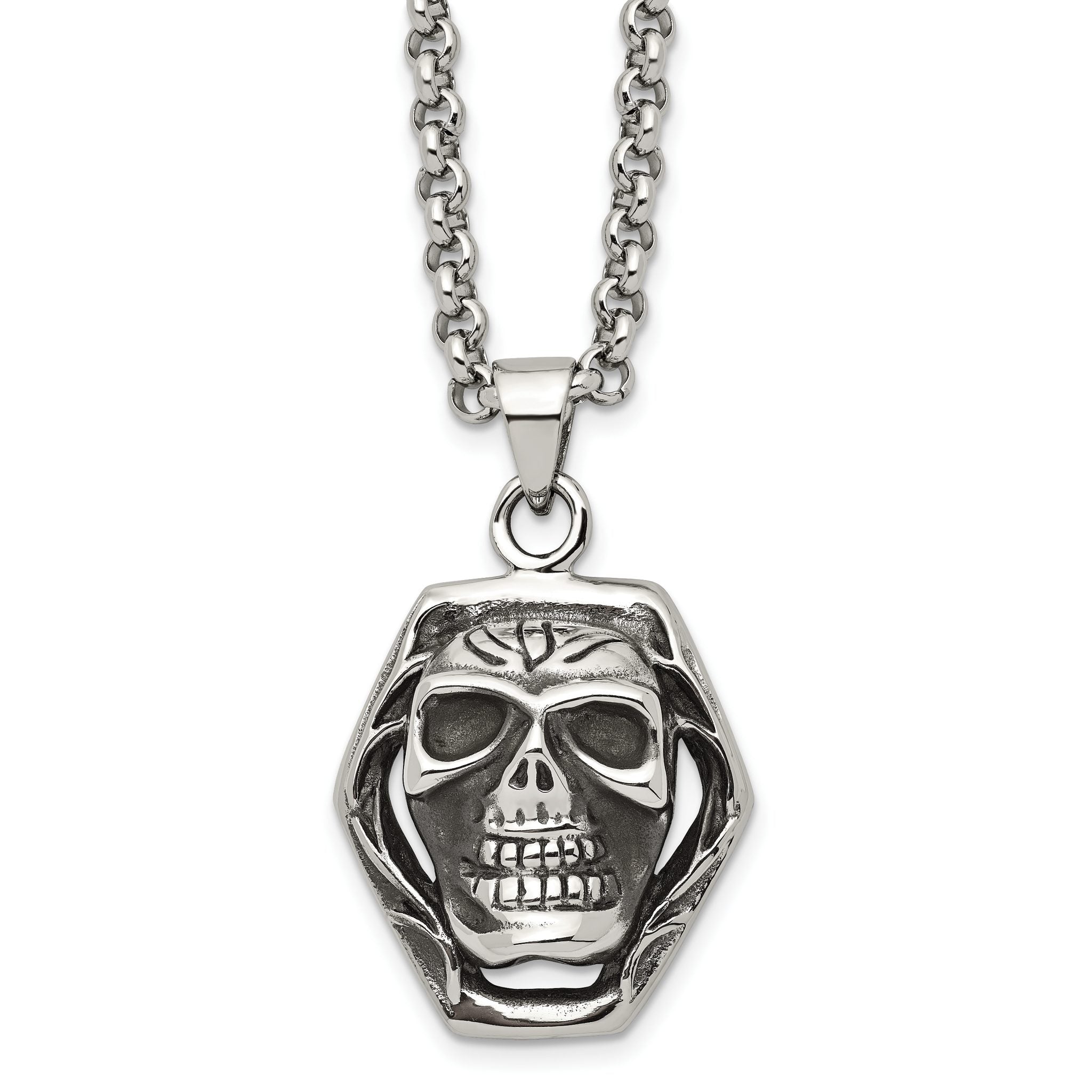 Antiqued Skull Pendant Necklace in Stainless Steel
