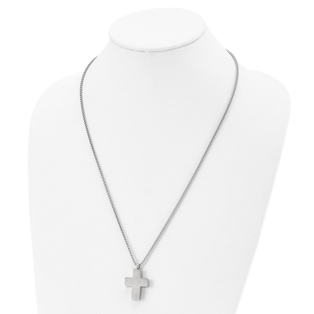 Chisel Stainless Steel Brushed and Polished Reversible Cross Ash Holder on a 24 inch Box Chain Necklace
