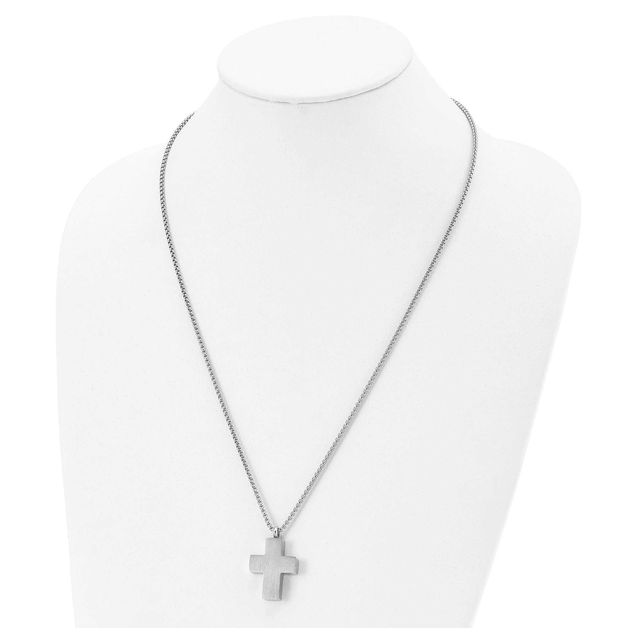 Chisel Stainless Steel Brushed and Polished Reversible Cross Ash Holder on a 24 inch Box Chain Necklace