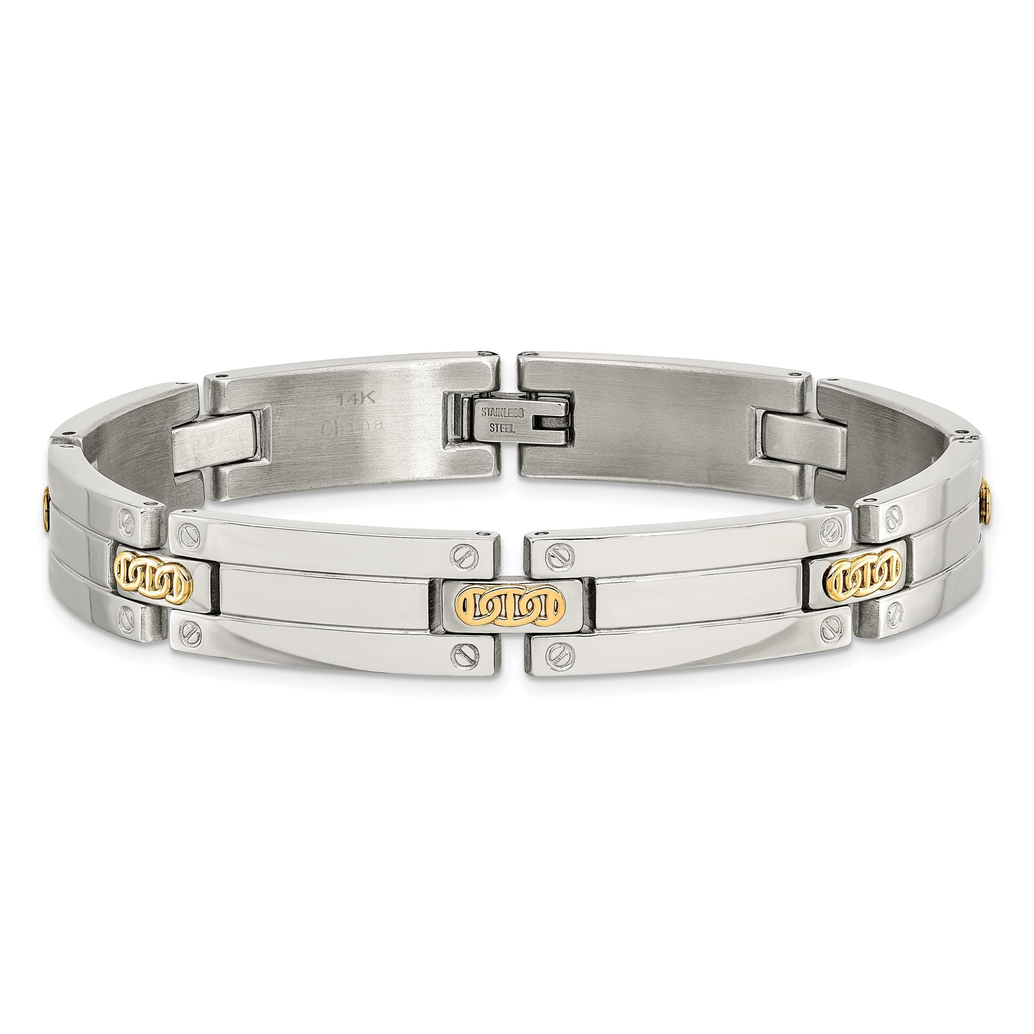 Stainless Steel with 14k Gold Accent Polished Link Bracelet for Men