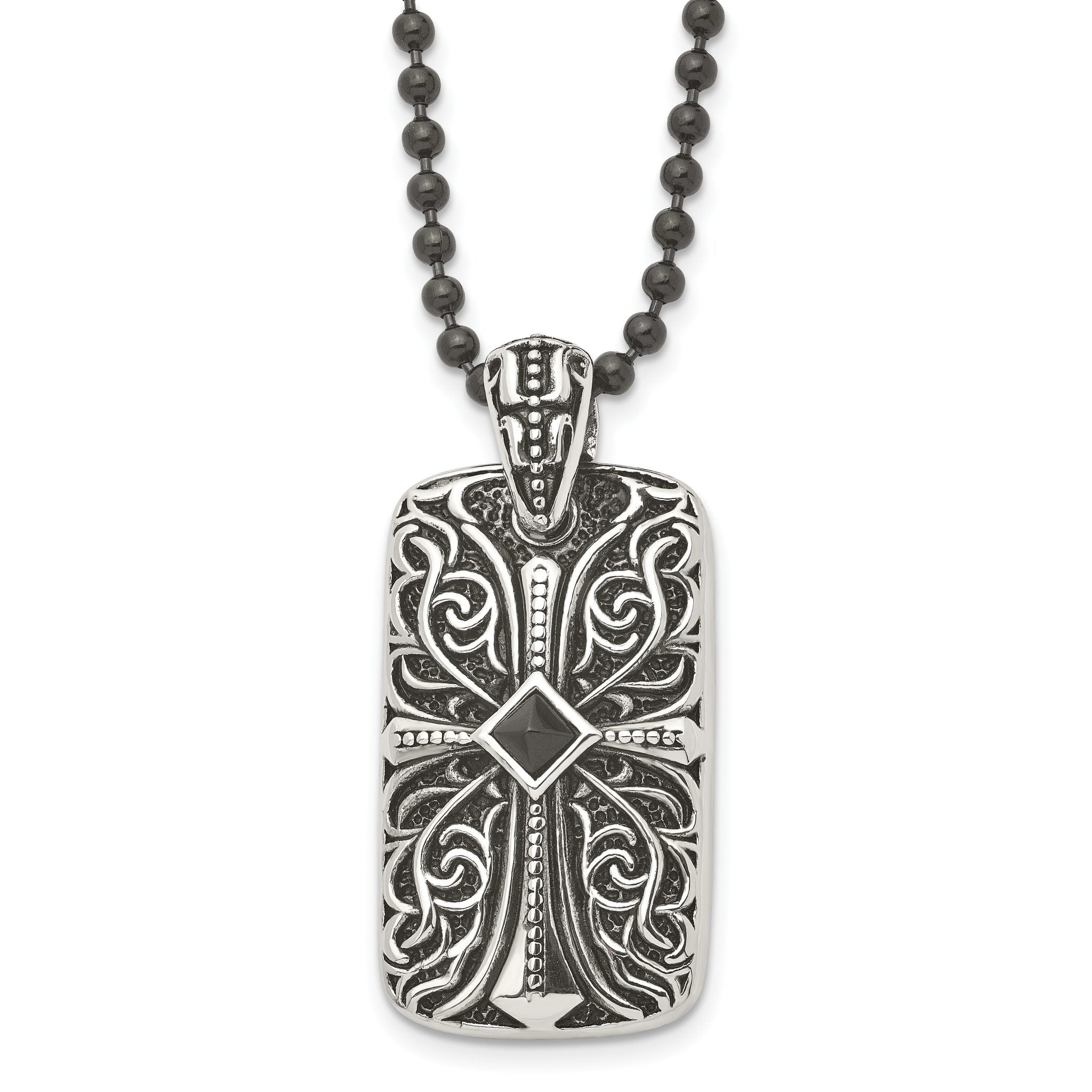 Stainless Steel Antiqued and Polished w/Black Agate Cross DogTag 30in Neckl Main image
