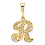 14K Gold Polished Filigree Letter R Script Pendant  Elegant Large Design
