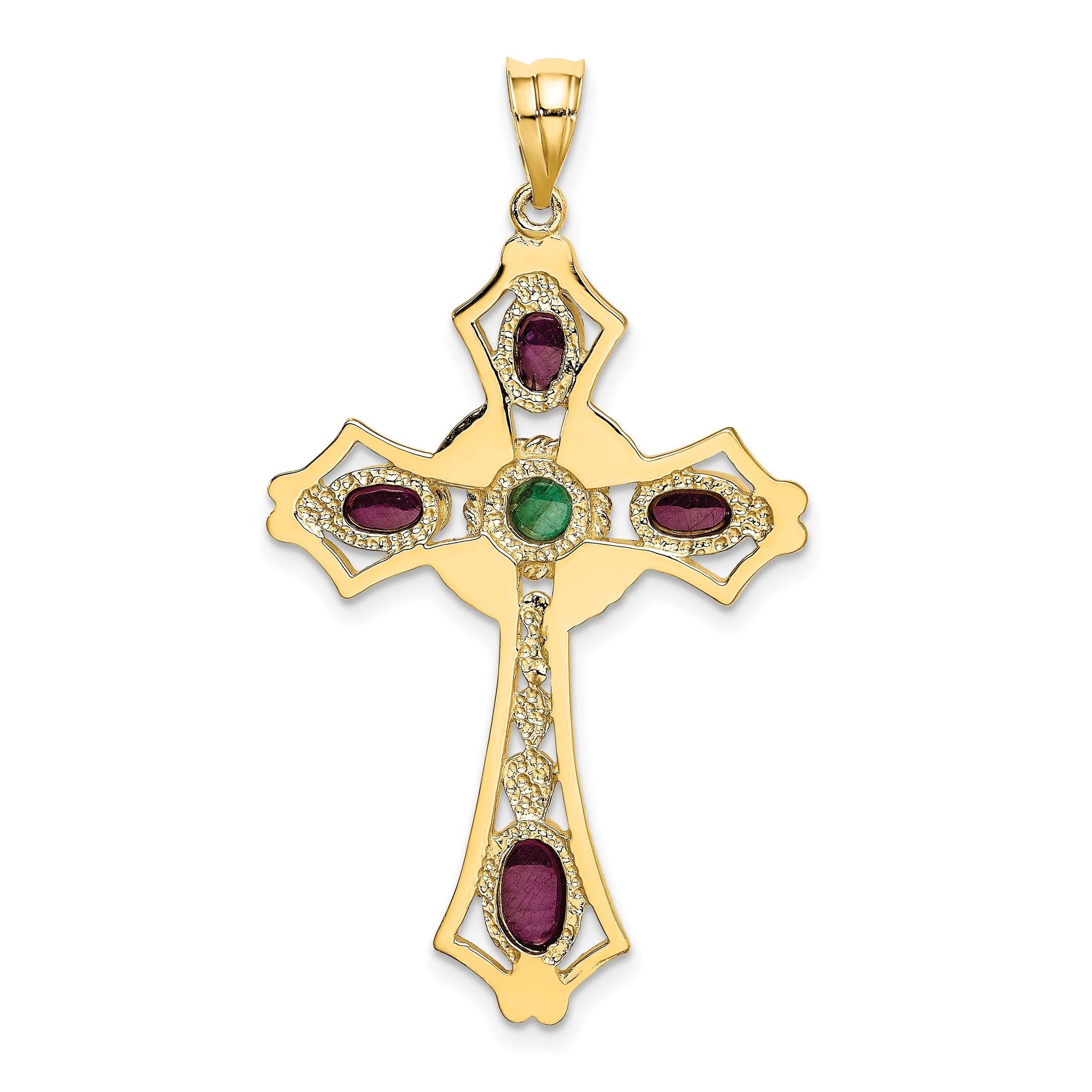 14K Gold Ruby and Emerald Cabochon Cross Pendant Elegant, Natural Gemstones