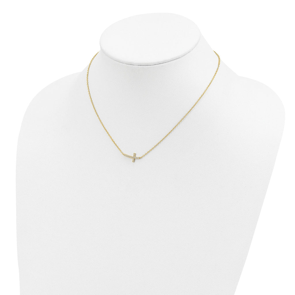 Sterling Silver Gold-tone CZ Sideways Cross With 2 inch ext Necklace