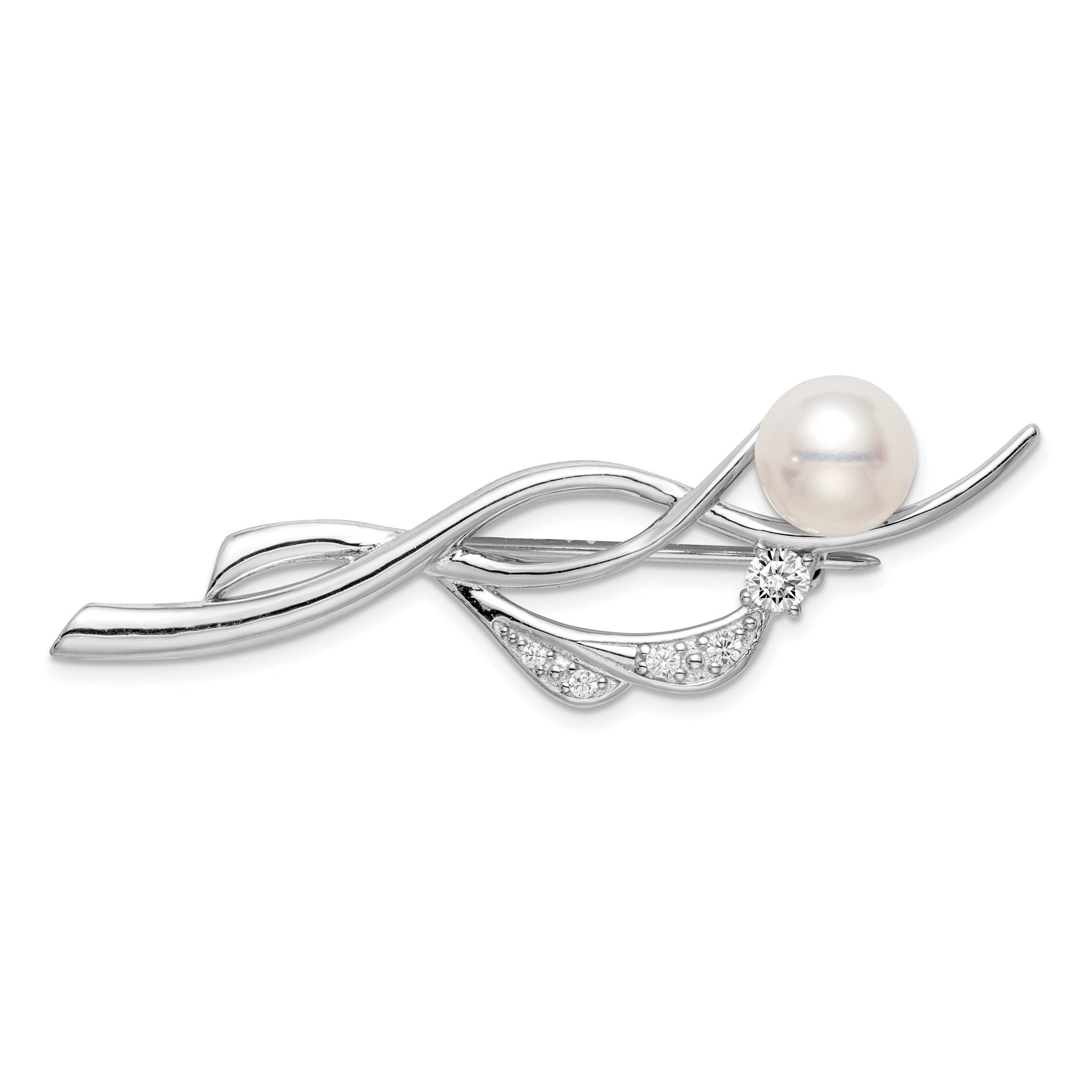 Sterling Silver Freshwater Pearl & CZ Brooch with Rhodium Finish