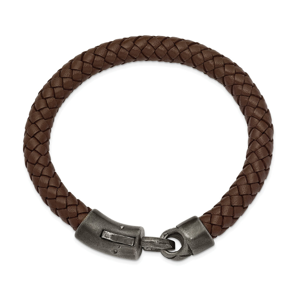 Stainless Steel Antiqued White Bronze-plated Brown Braided Leather Bracelet for Men