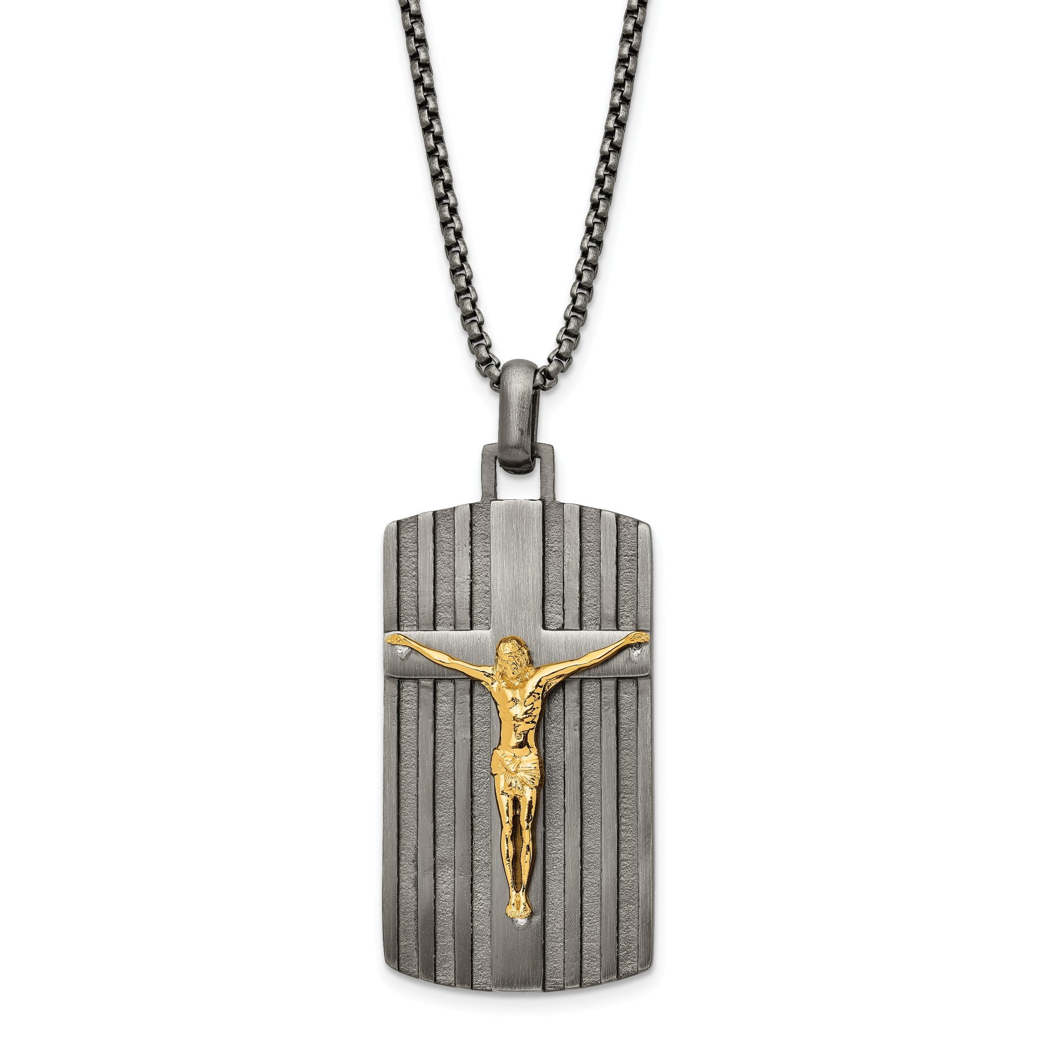 Chisel Stainless Steel Brushed Yellow IP-plated Crucifix Dog Tag on a 24 inch BoxChain Necklace Main image
