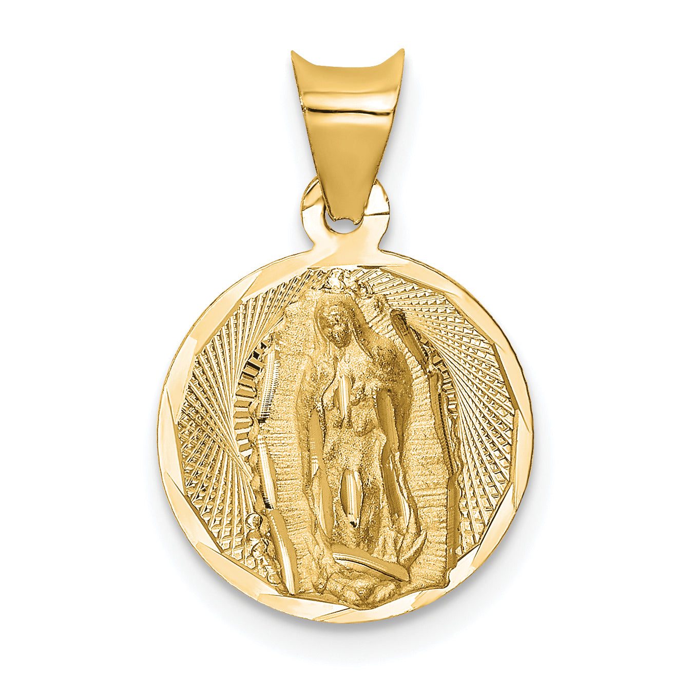 14K Gold Lady of Guadalupe Circle Pendant with Polished Diamond-Cut Finish