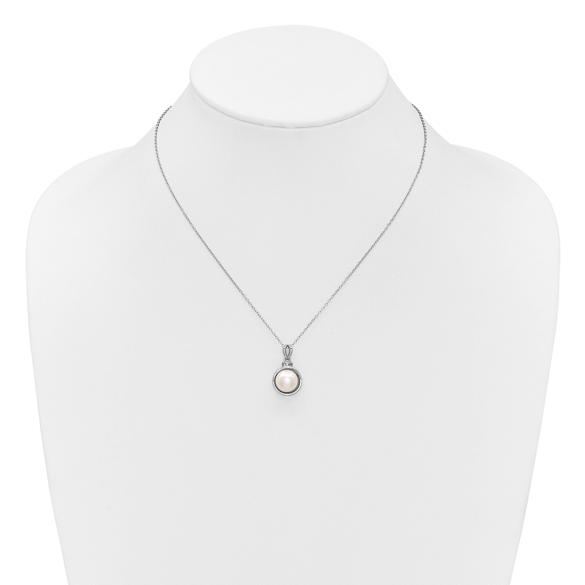 Sterling Silver Rhodium-plated 8-10mm Button White Freshwater Cultured Pearl and CZ 17 inch Necklace and Dangle Shepherd Hook Earring Set