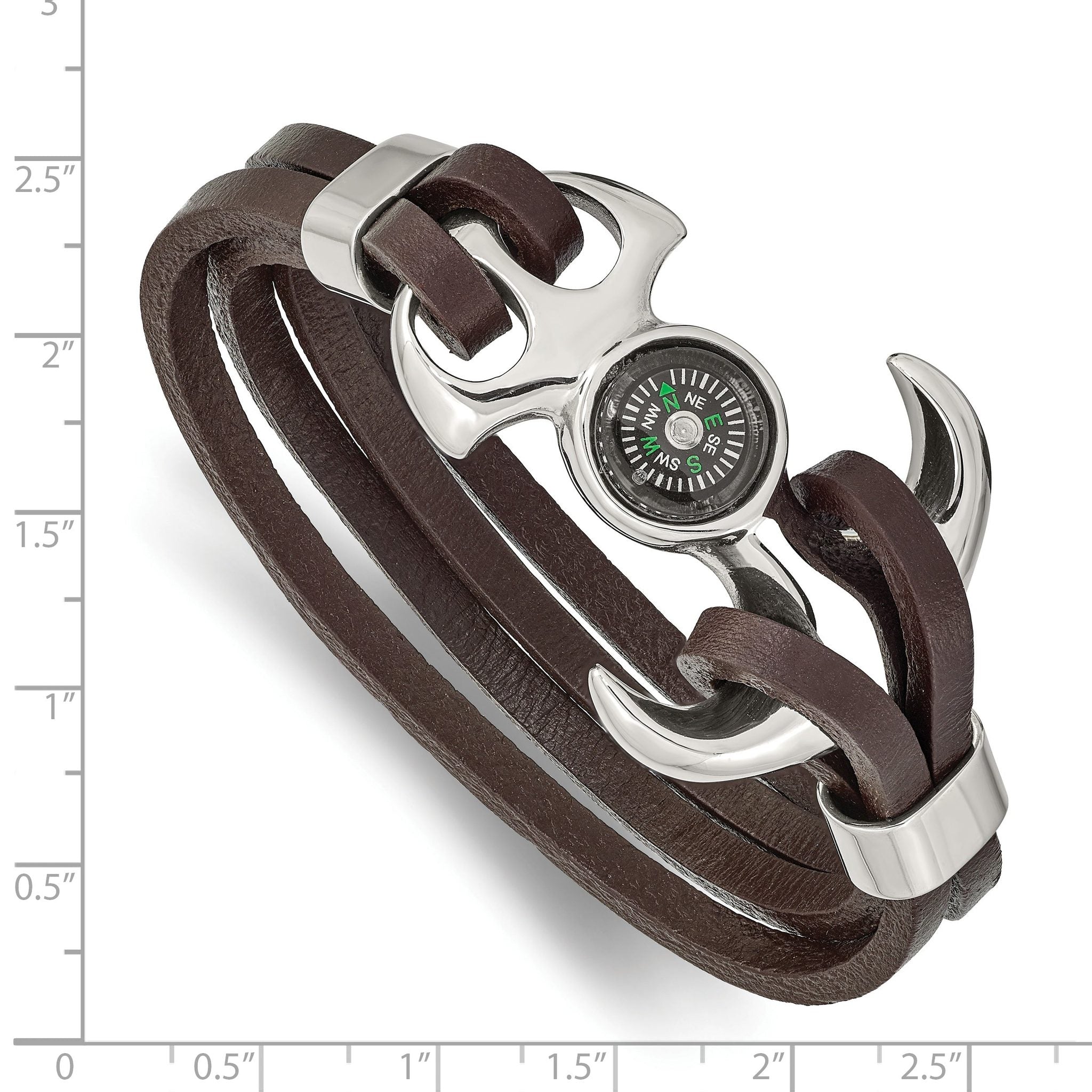 Stainless Steel Polished Functional Compass Multi Strand Brown Leather Bracelet for Men