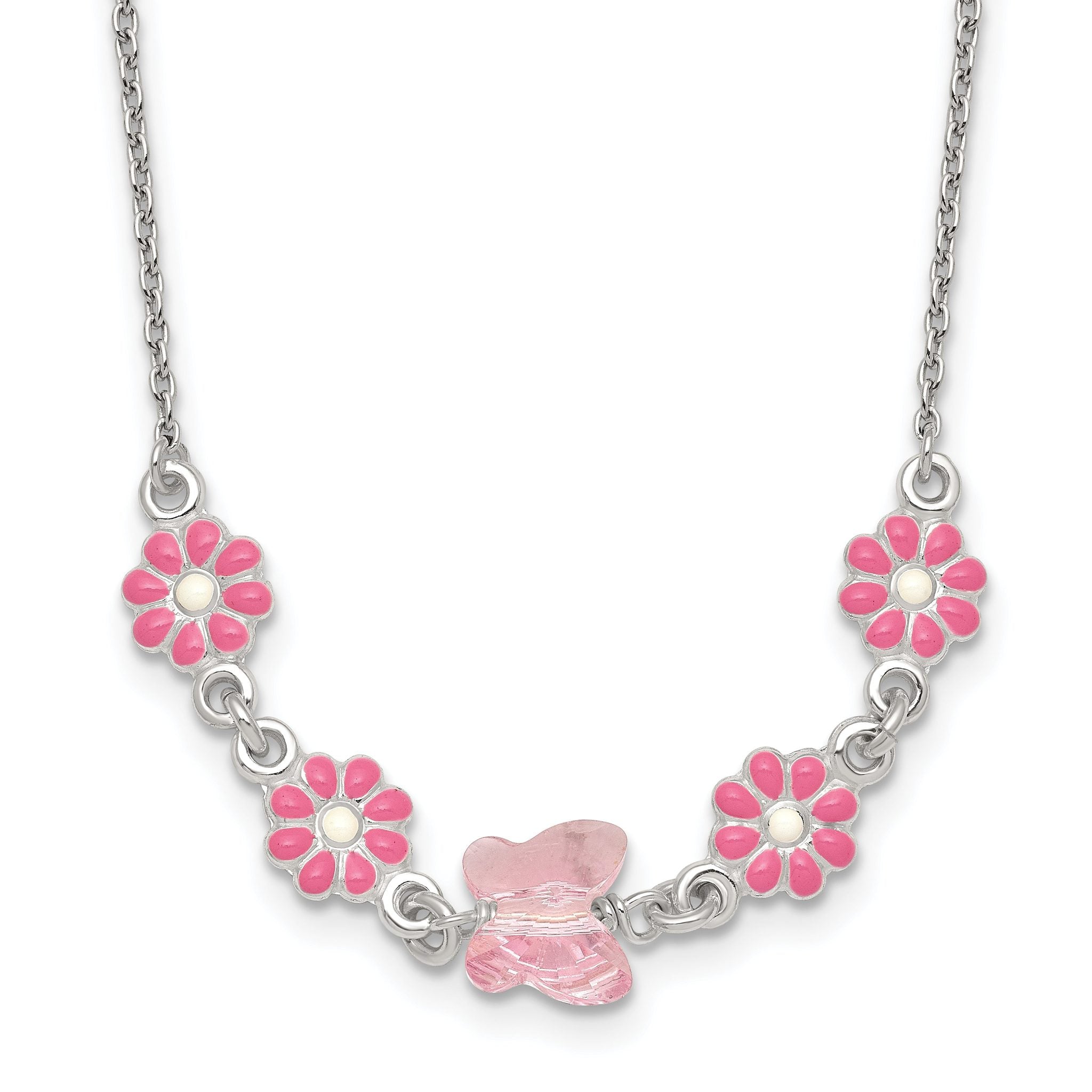 Sterling Silver Polished Pink Enameled Flowers and Pink Glass Butterfly Childrens 14 inch Necklace Main image