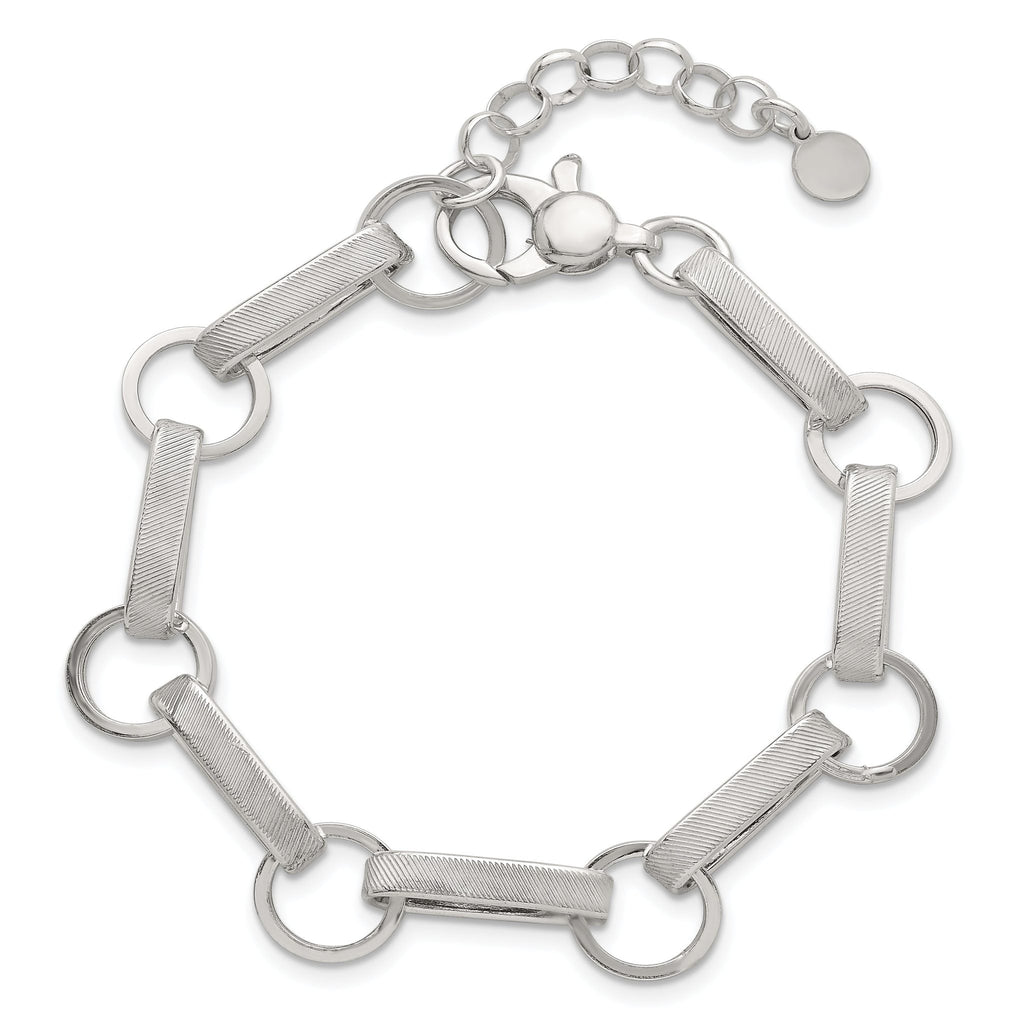 Sterling Silver Polished and Textured Oval and Round Link 7.5 inch with 1 inch Extender Bracelet