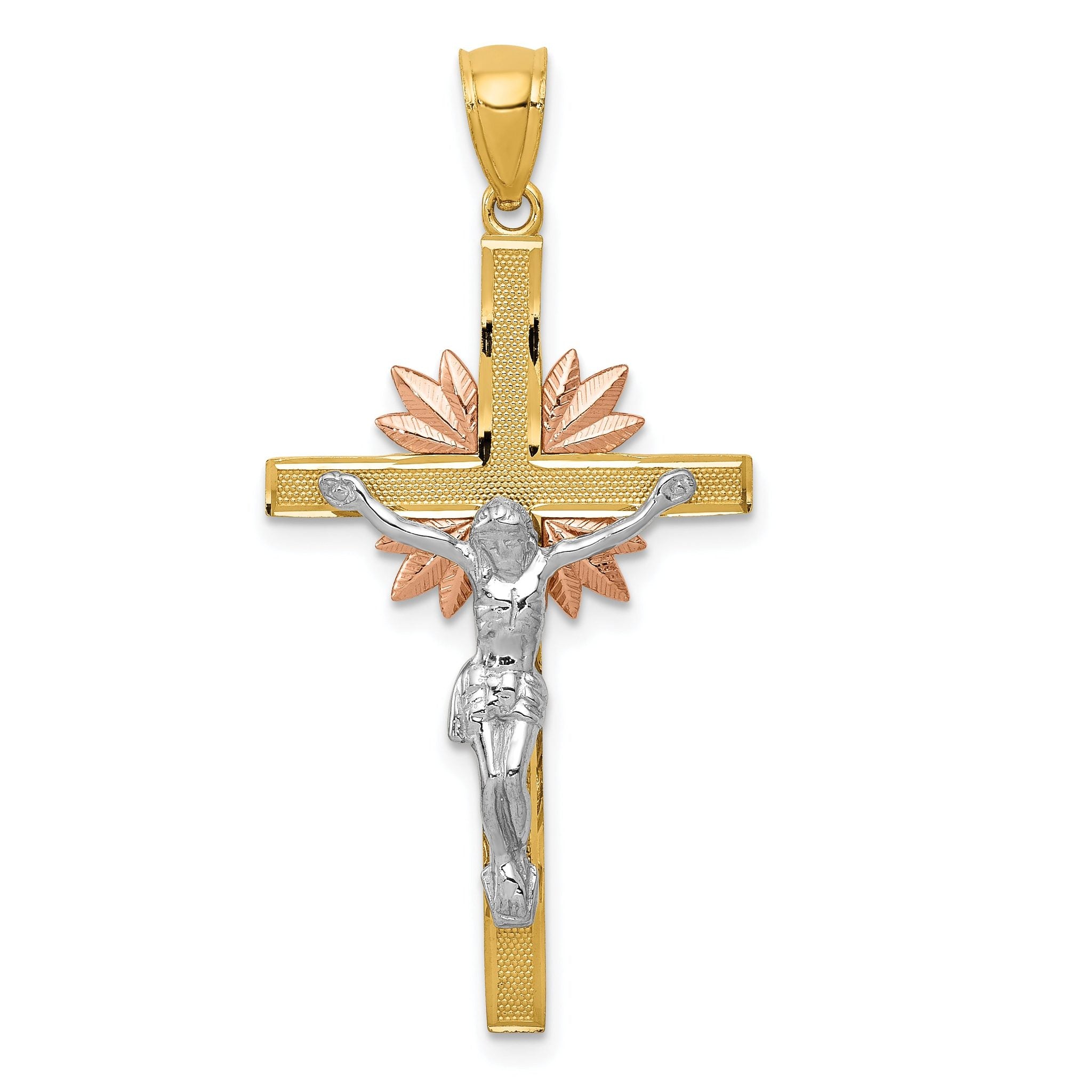 14K Tri-Color Gold Crucifix Pendant with Solid Cast Design