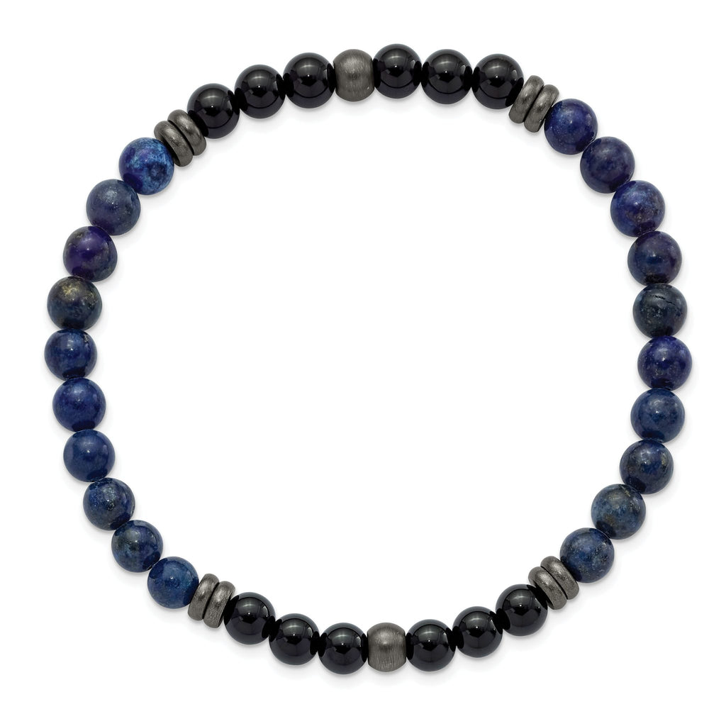 Stainless Steel Brushed and Antiqued Bronze-plated 6.5mm Black Agate and Lapis Beaded Stretch Bracelet