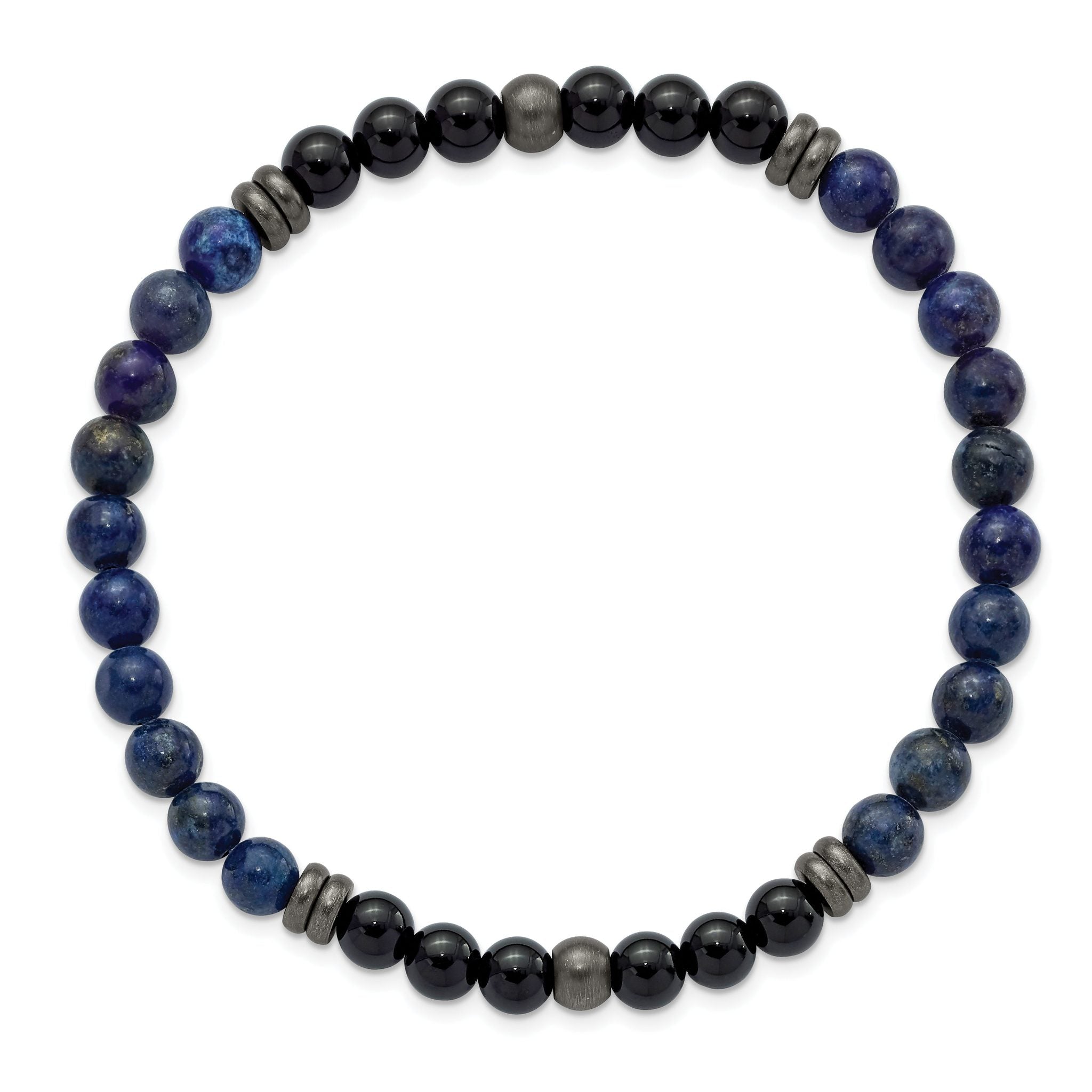 Stainless Steel Brushed and Antiqued Bronze-plated 6.5mm Black Agate and Lapis Beaded Stretch Bracelet
