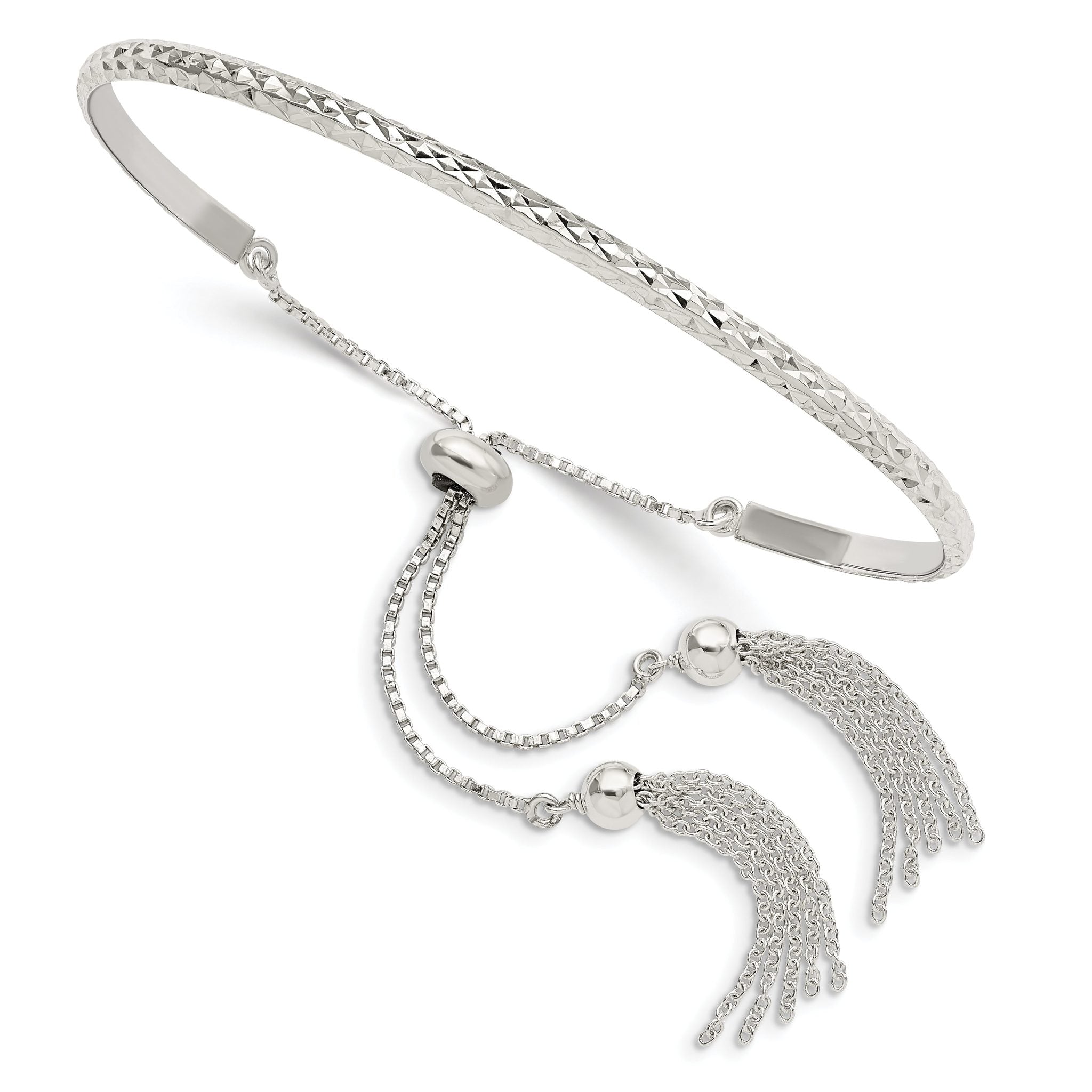 Sterling Silver Polished D/C w/tassels Adjustable Bangle Main image