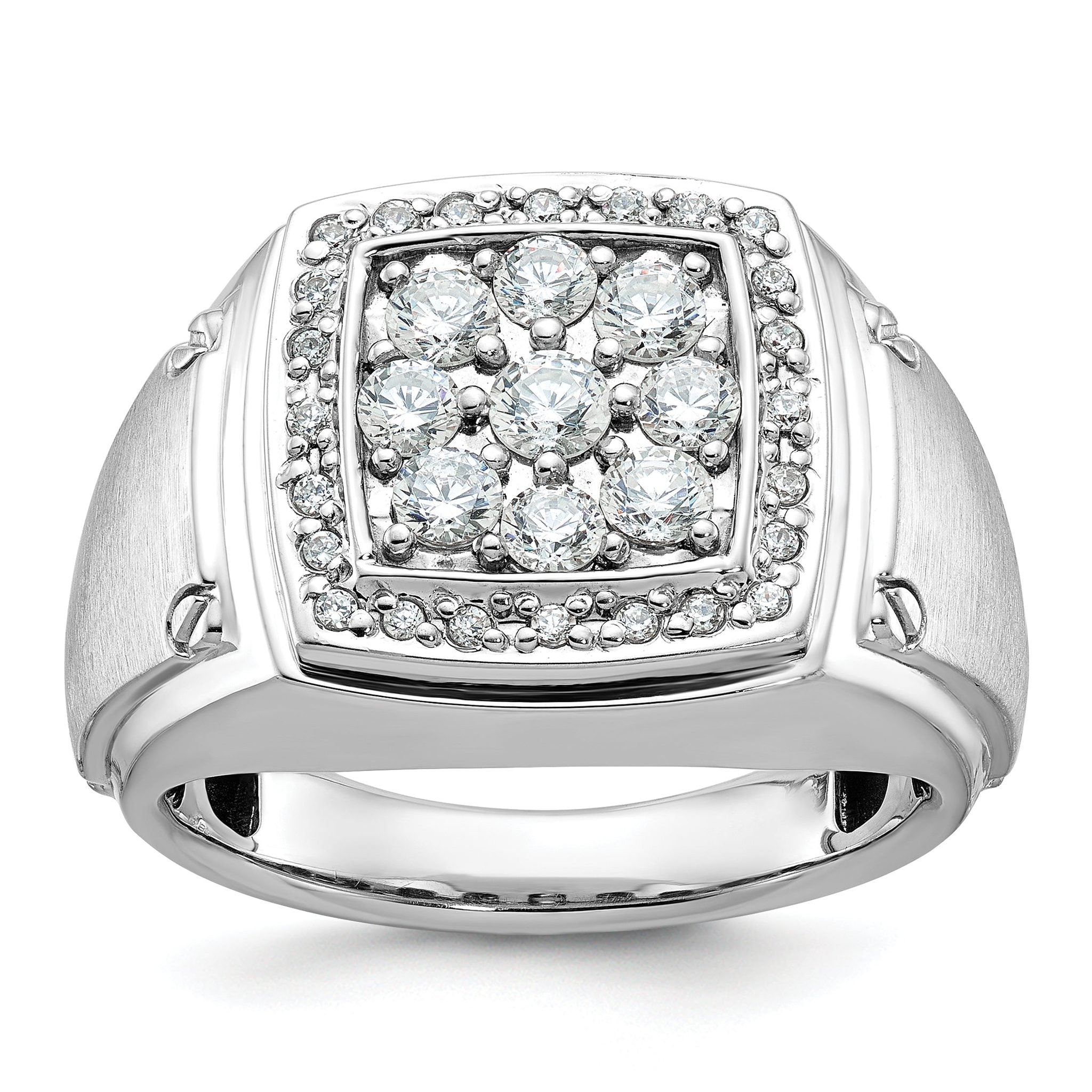 14k White Gold Mens Polished and Satin Square Cluster Halo Ring Mounting, Mounting Only
