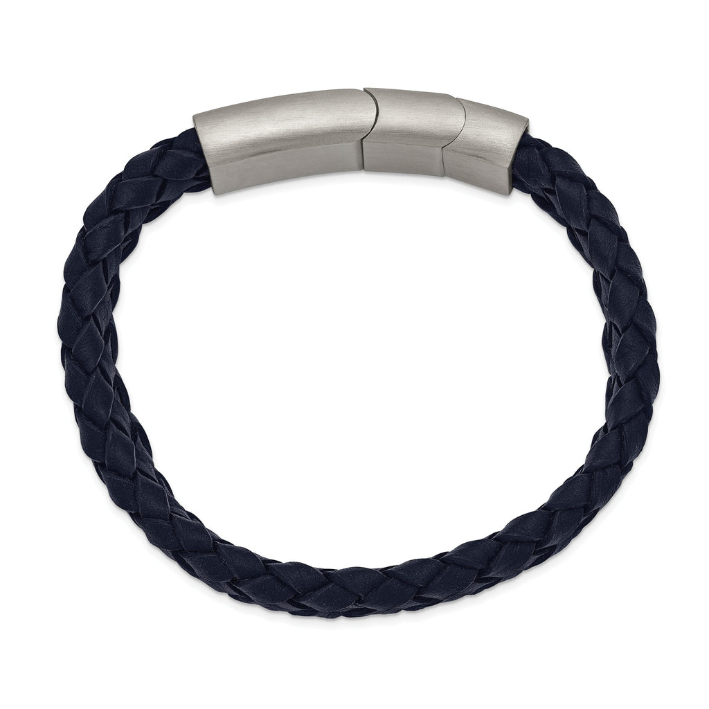 Stainless Steel Brushed Navy Blue Braided Leather Bracelet with . Extension for Men