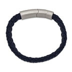 Stainless Steel Brushed Navy Blue Braided Leather Bracelet with . Extension for Men