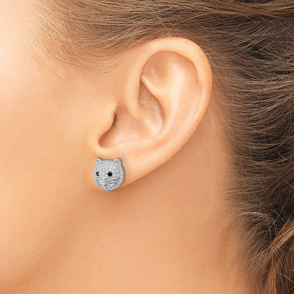 Cheryl M Sterling Silver Rhodium-plated Polished Black and White CZ Cat Post Earrings