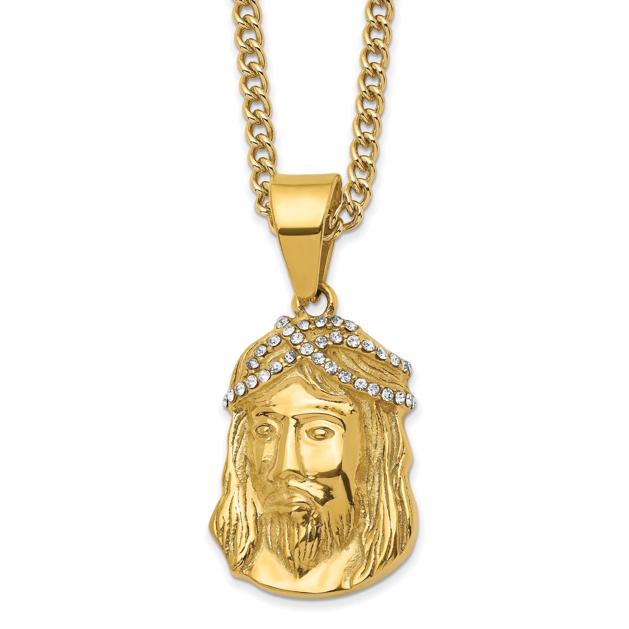 Chisel Stainless Steel Polished Yellow IP-plated with Crystal Jesus Pendant on a 24 inch Curb Chain Necklace Main image